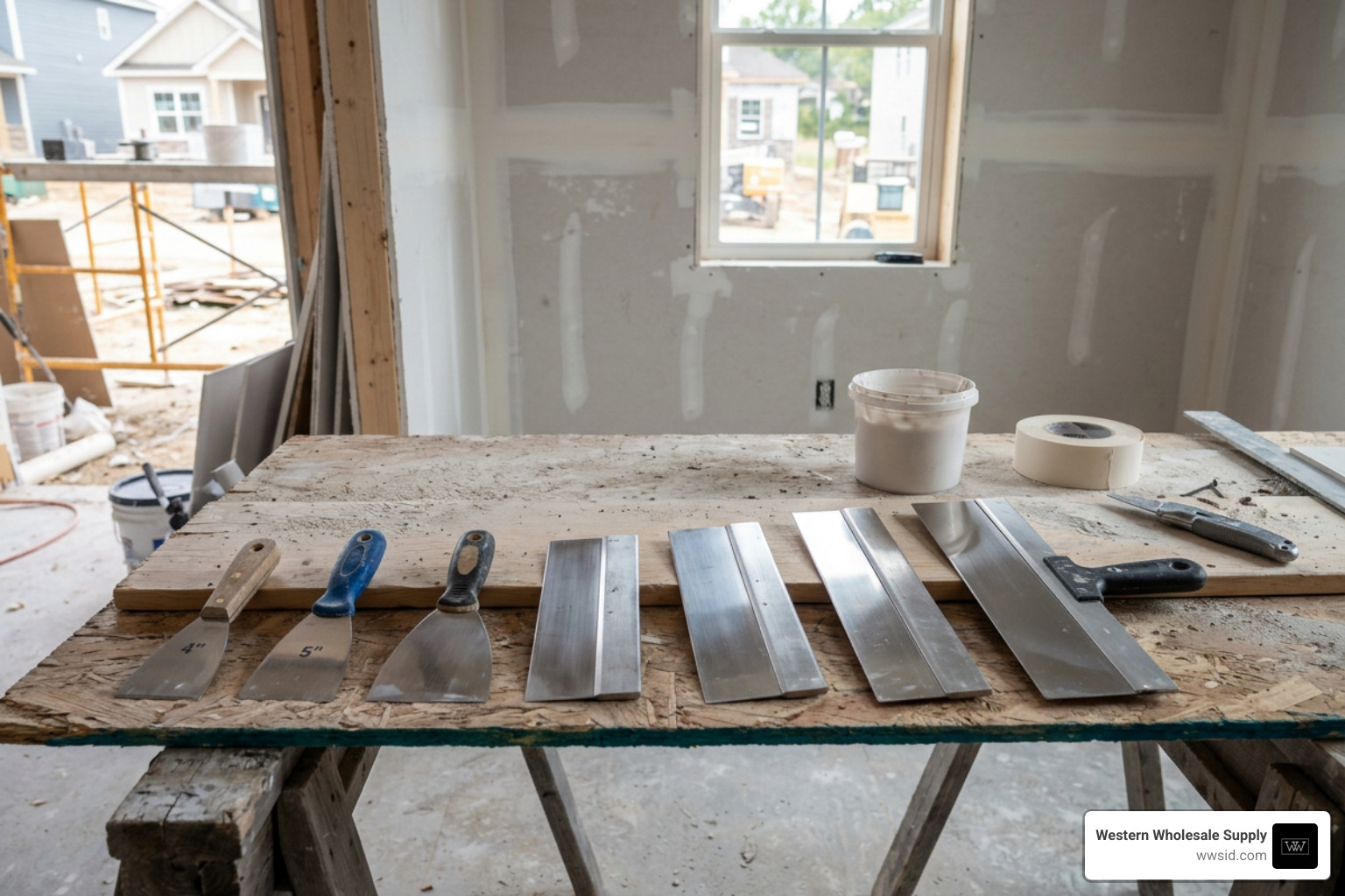 Professional taping knives laid out on a clean drywall installation site Professional taping knives laid out on a clean drywall installation site