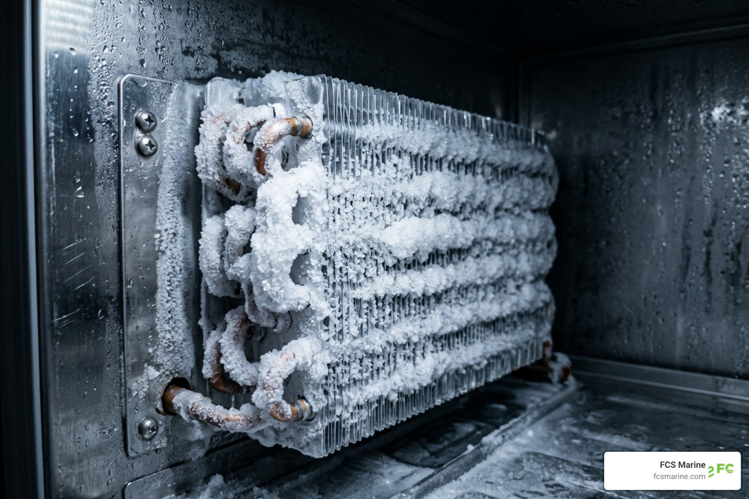 Frost buildup on a yacht freezer evaporator coil Frost buildup on a yacht freezer evaporator coil
