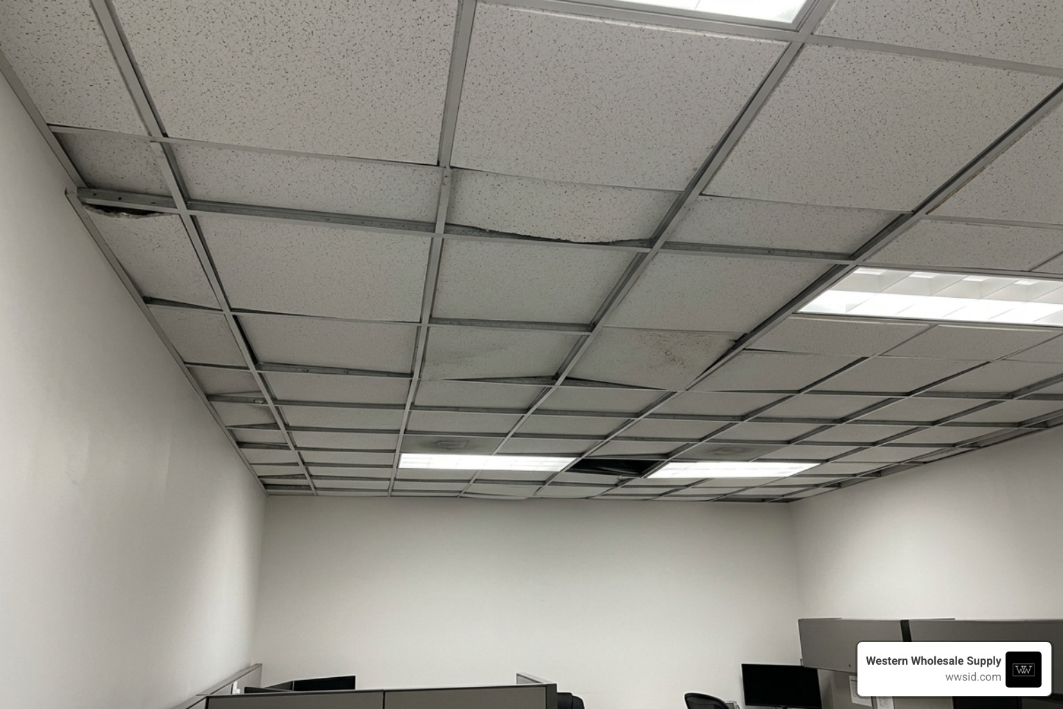 A misaligned ceiling grid with improper border tiles and sag A misaligned ceiling grid with improper border tiles and sag