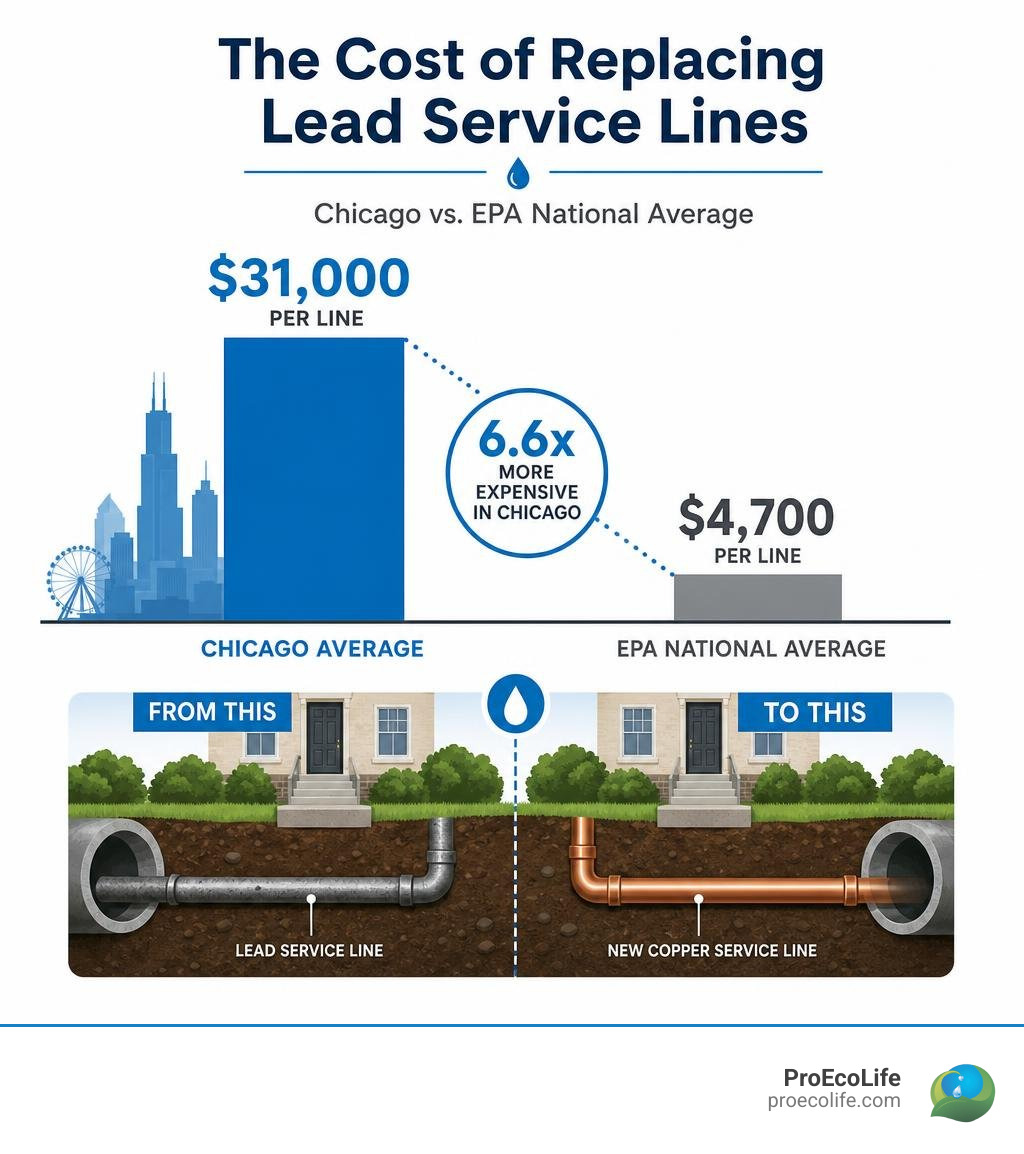 A comparison of Chicago's average lead line replacement cost versus the EPA national average infographic