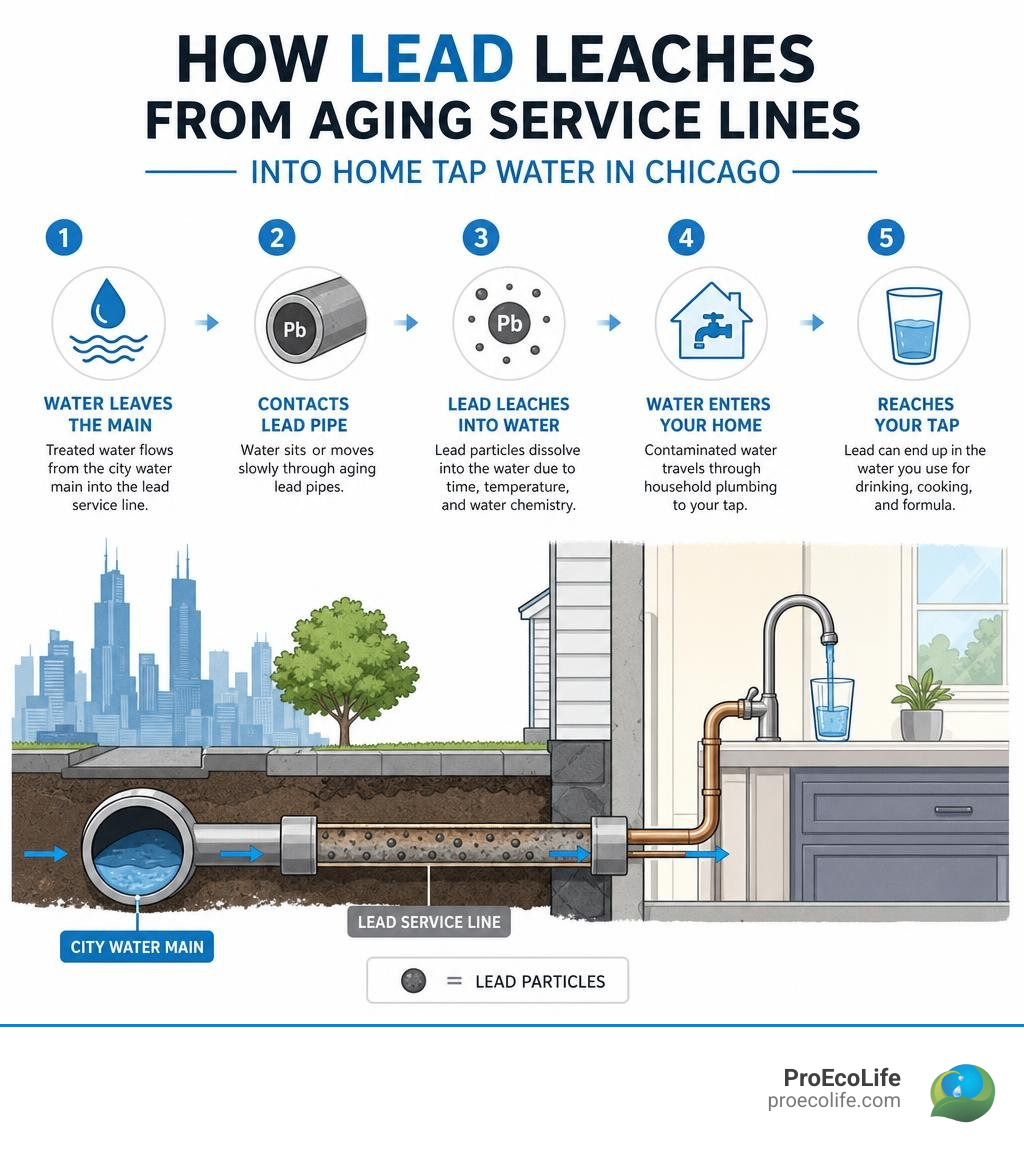 How lead leaches from aging service lines into home tap water in Chicago infographic