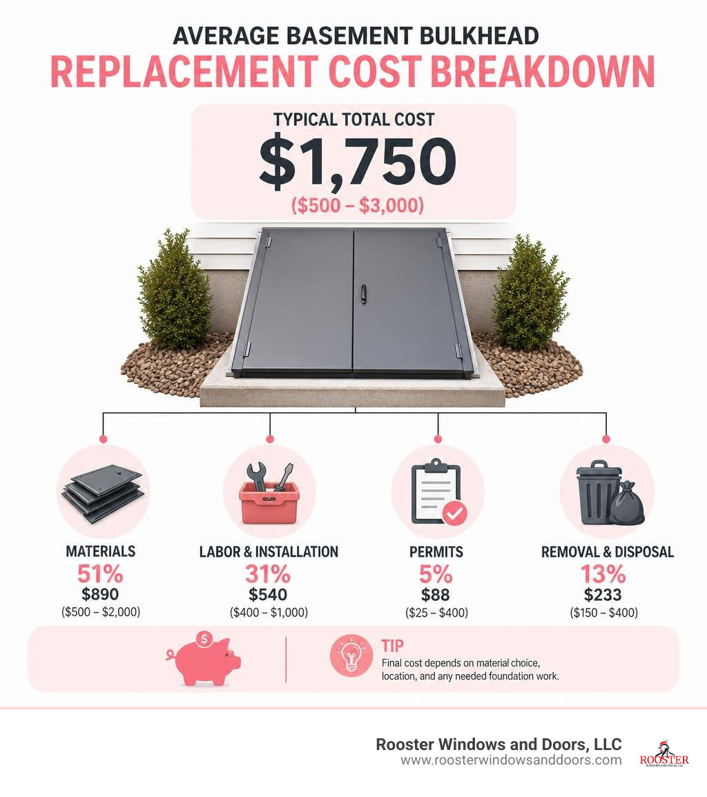 Infographic showing average basement bulkhead replacement cost breakdown by material, labor, permits, and disposal Infographic showing average basement bulkhead replacement cost breakdown by material, labor, permits, and disposal