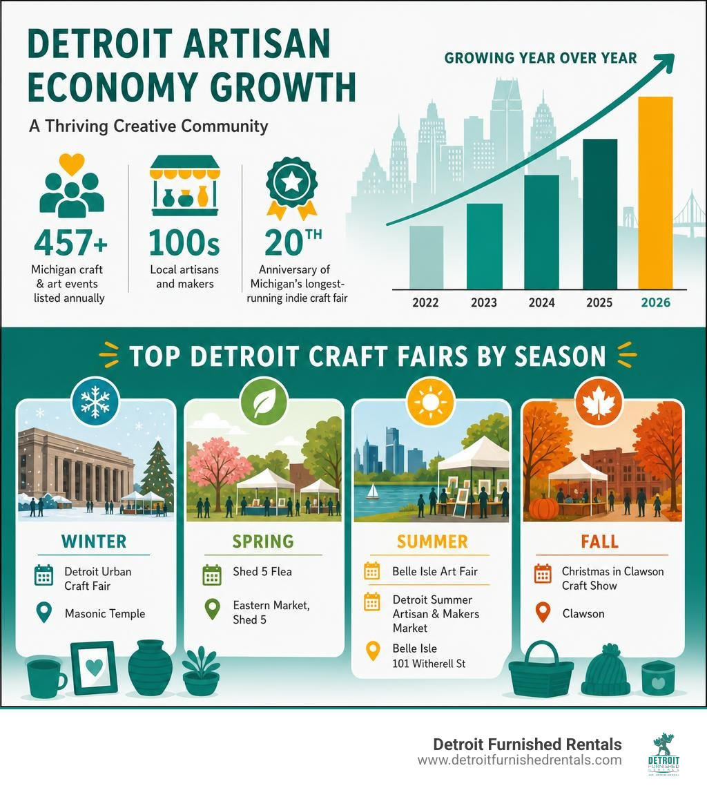 Infographic showing growth of Detroit artisan economy and top craft fairs by season infographic