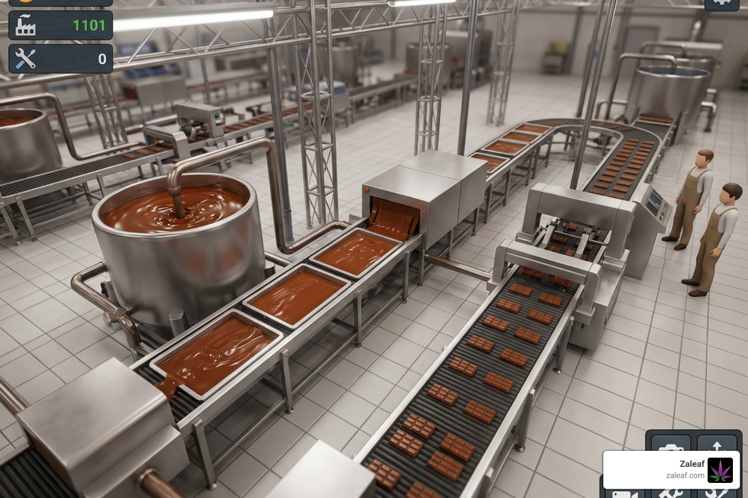Virtual chocolate factory gameplay showing conveyor belts and molten chocolate Virtual chocolate factory gameplay showing conveyor belts and molten chocolate