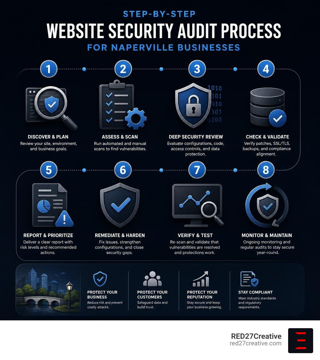 Step-by-step website security audit process for Naperville businesses infographic infographic Step-by-step website security audit process for Naperville businesses infographic infographic
