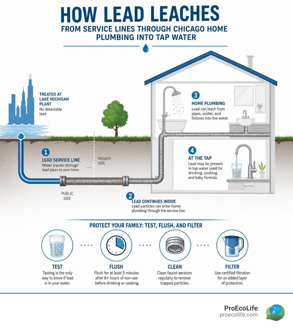 How lead leaches from service lines through Chicago home plumbing into tap water infographic How lead leaches from service lines through Chicago home plumbing into tap water infographic