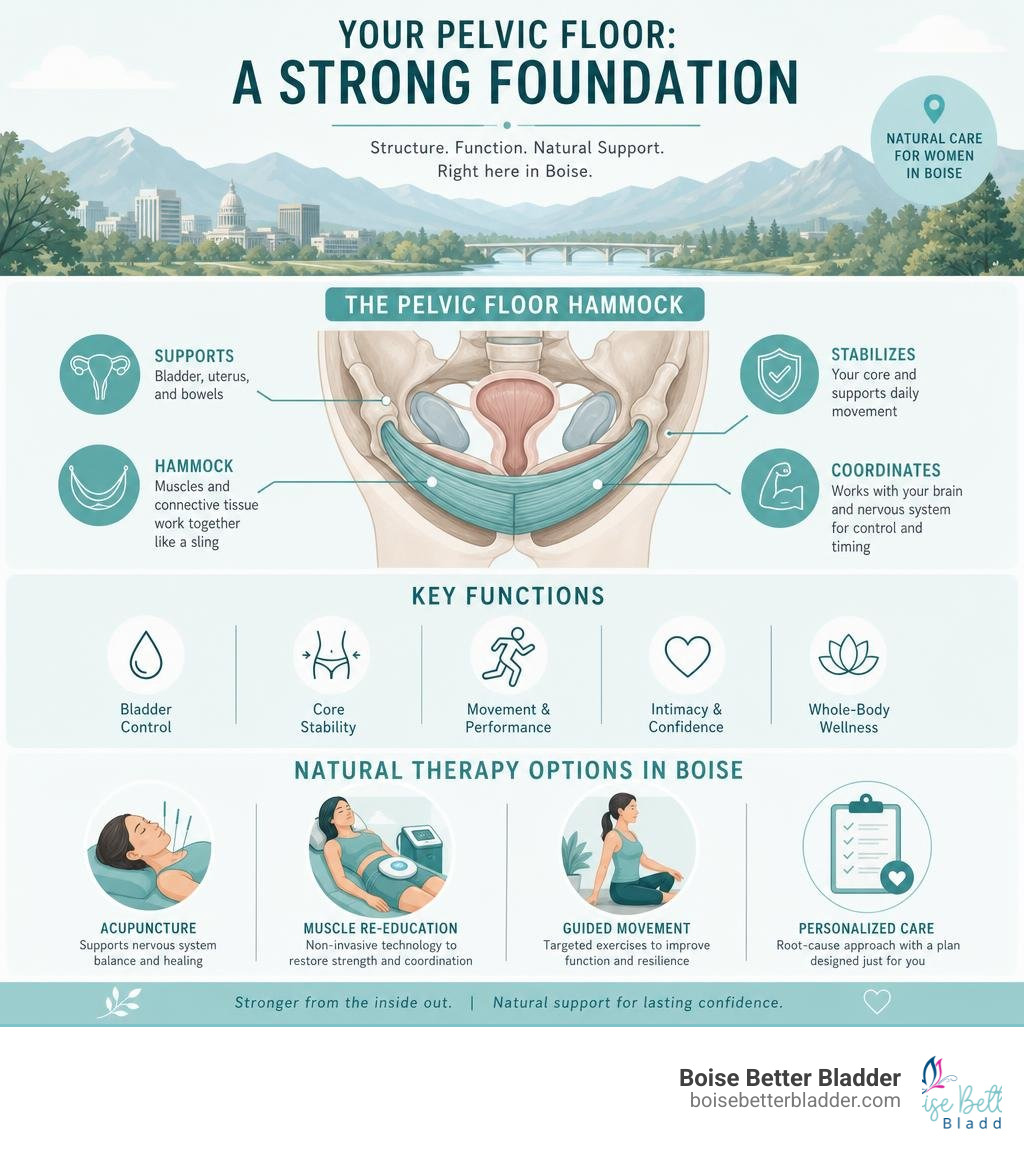 Infographic showing the pelvic floor hammock structure, key functions, and natural therapy options in Boise infographic Infographic showing the pelvic floor hammock structure, key functions, and natural therapy options in Boise infographic