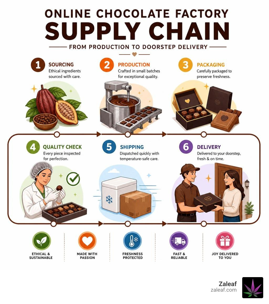 Online chocolate factory supply chain from production to doorstep delivery infographic Online chocolate factory supply chain from production to doorstep delivery infographic