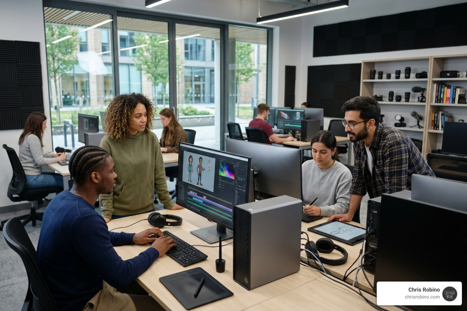 Students collaborating on digital assets in a state-of-the-art university creative media lab