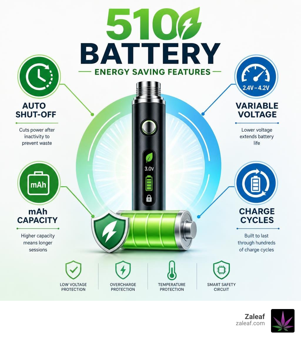 Infographic showing 510 battery energy saving features: auto shut-off, variable voltage, mAh capacity, and charge cycles Infographic showing 510 battery energy saving features: auto shut-off, variable voltage, mAh capacity, and charge cycles
