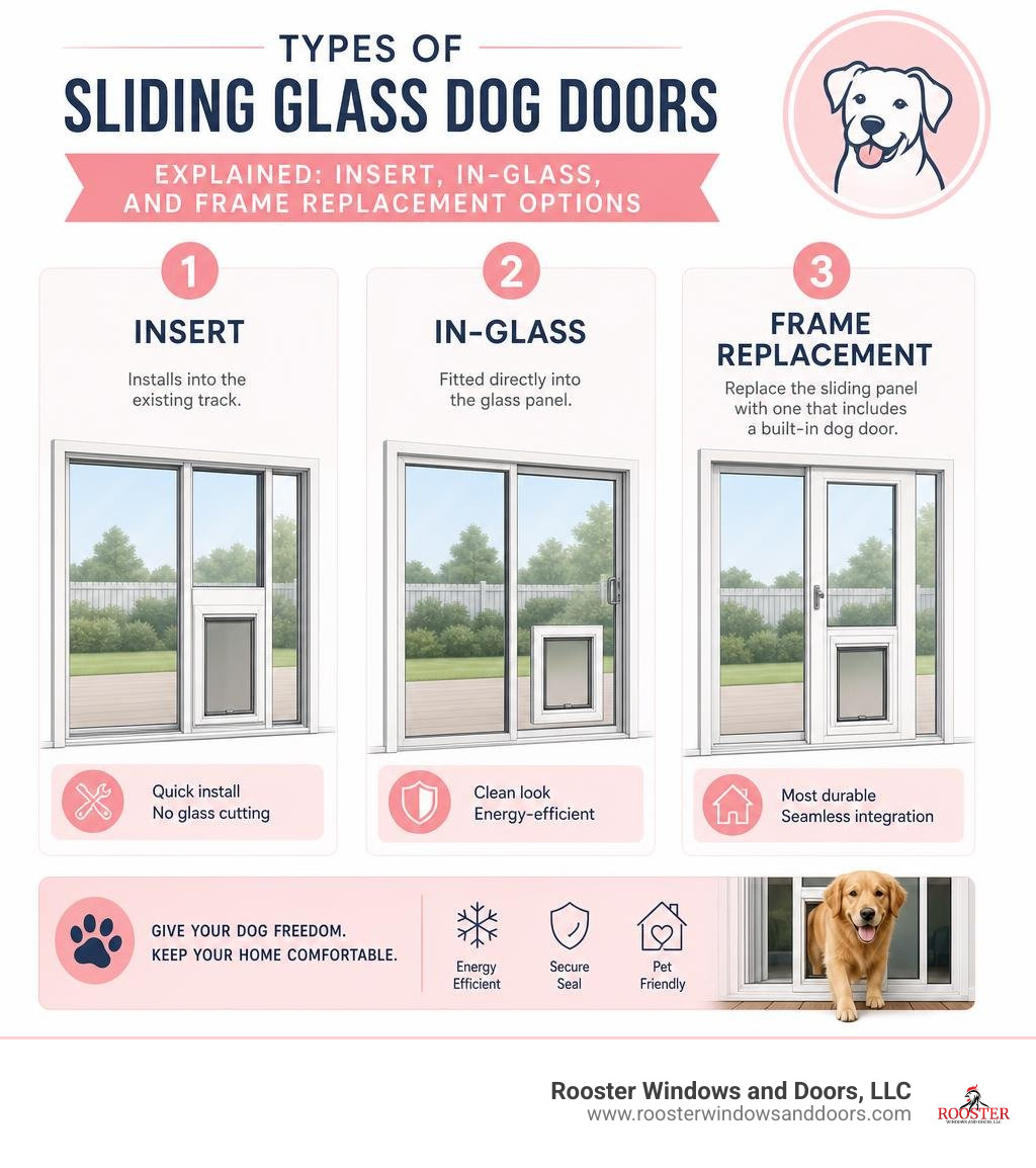 Types of sliding glass dog doors explained: insert, in-glass, and frame replacement options infographic Types of sliding glass dog doors explained: insert, in-glass, and frame replacement options infographic