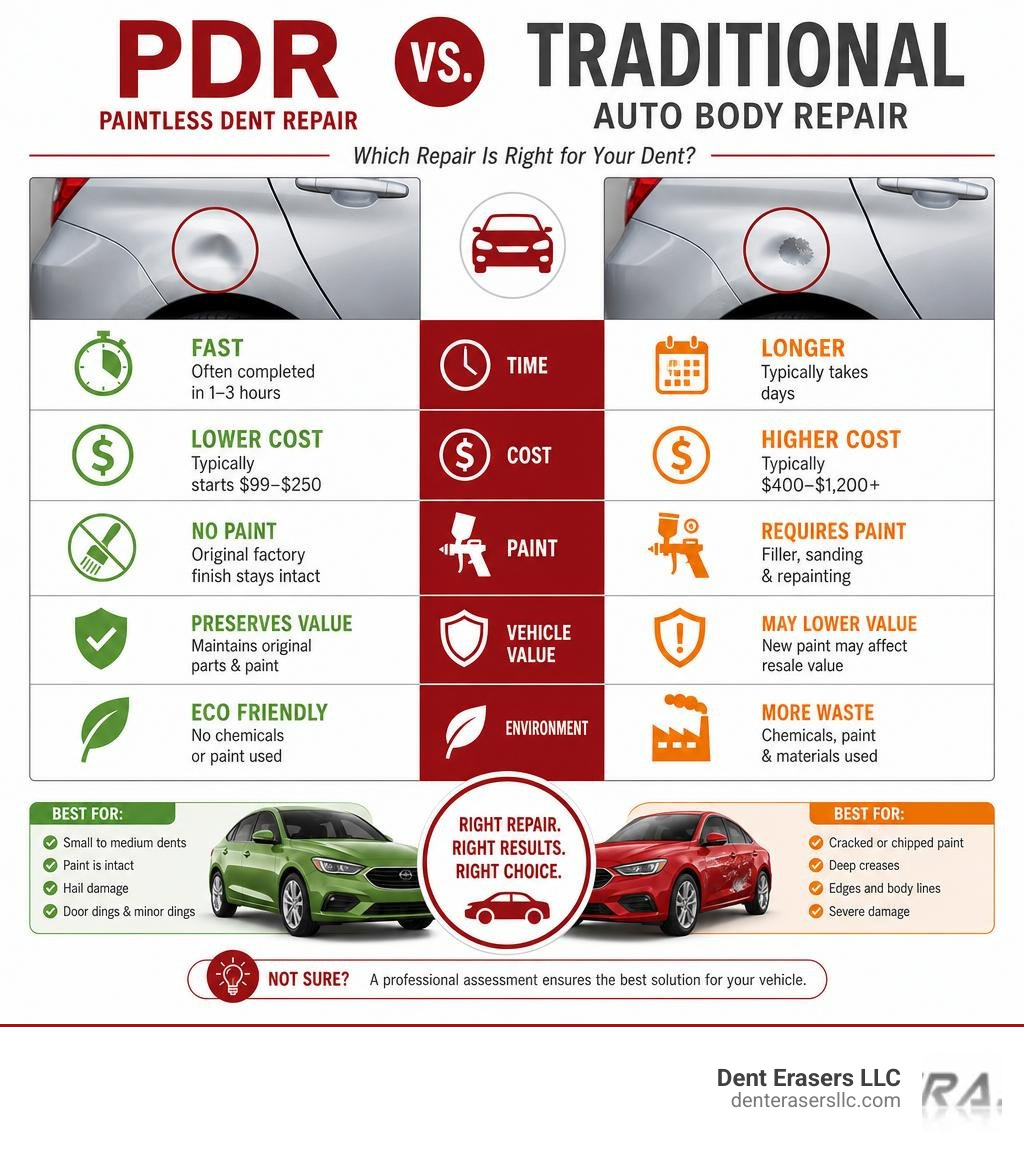 PDR vs traditional auto body repair comparison infographic infographic Pdr Vs Traditional Auto Body Repair Comparison Infographic Infographic