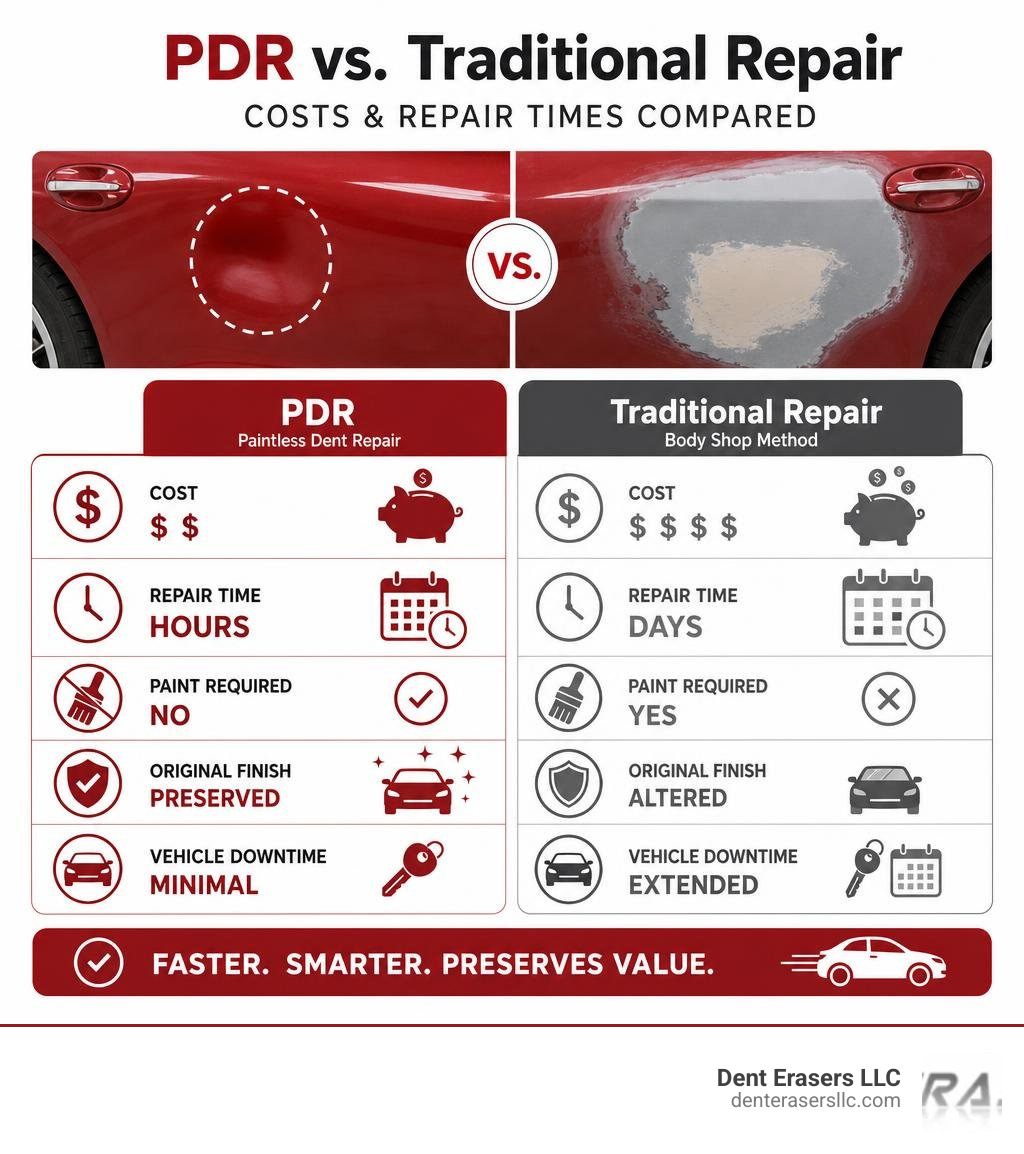 Comparison of PDR and traditional auto body repair costs and repair times infographic Comparison Of Pdr And Traditional Auto Body Repair Costs And Repair Times Infographic
