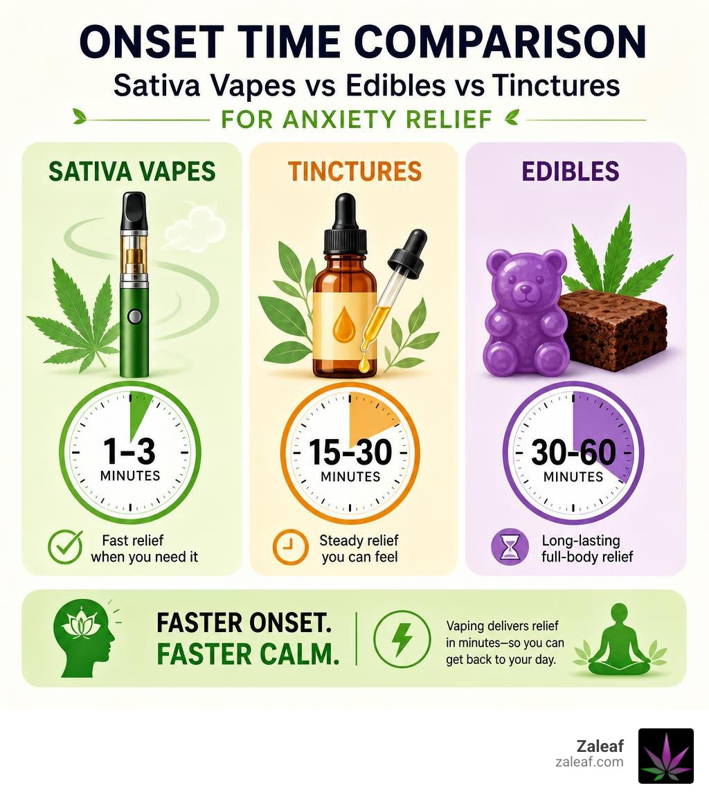 Onset time comparison: sativa vapes vs edibles vs tinctures for anxiety relief infographic Onset time comparison: sativa vapes vs edibles vs tinctures for anxiety relief infographic