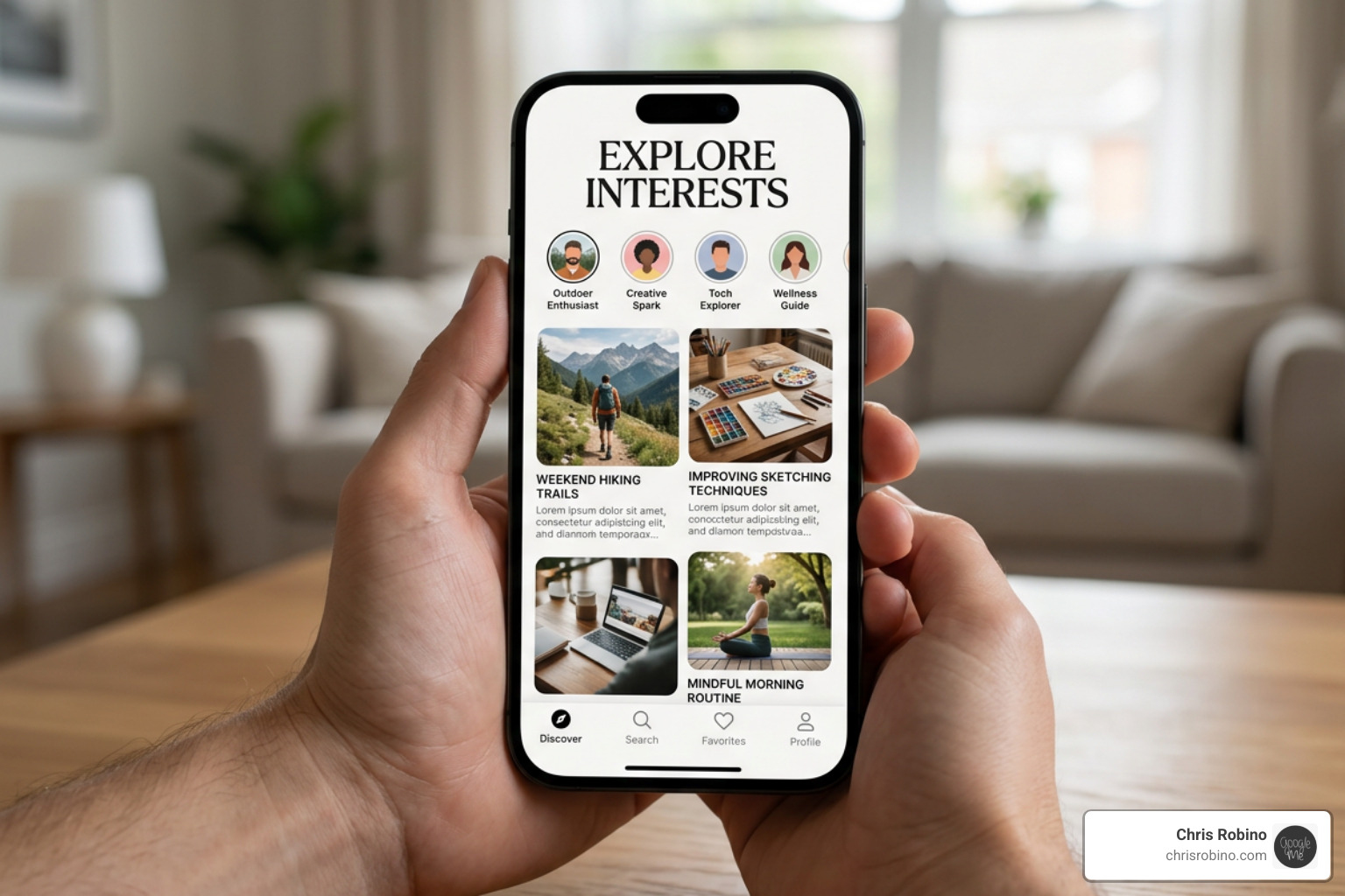 Hello app interface showcasing interest-based persona feeds