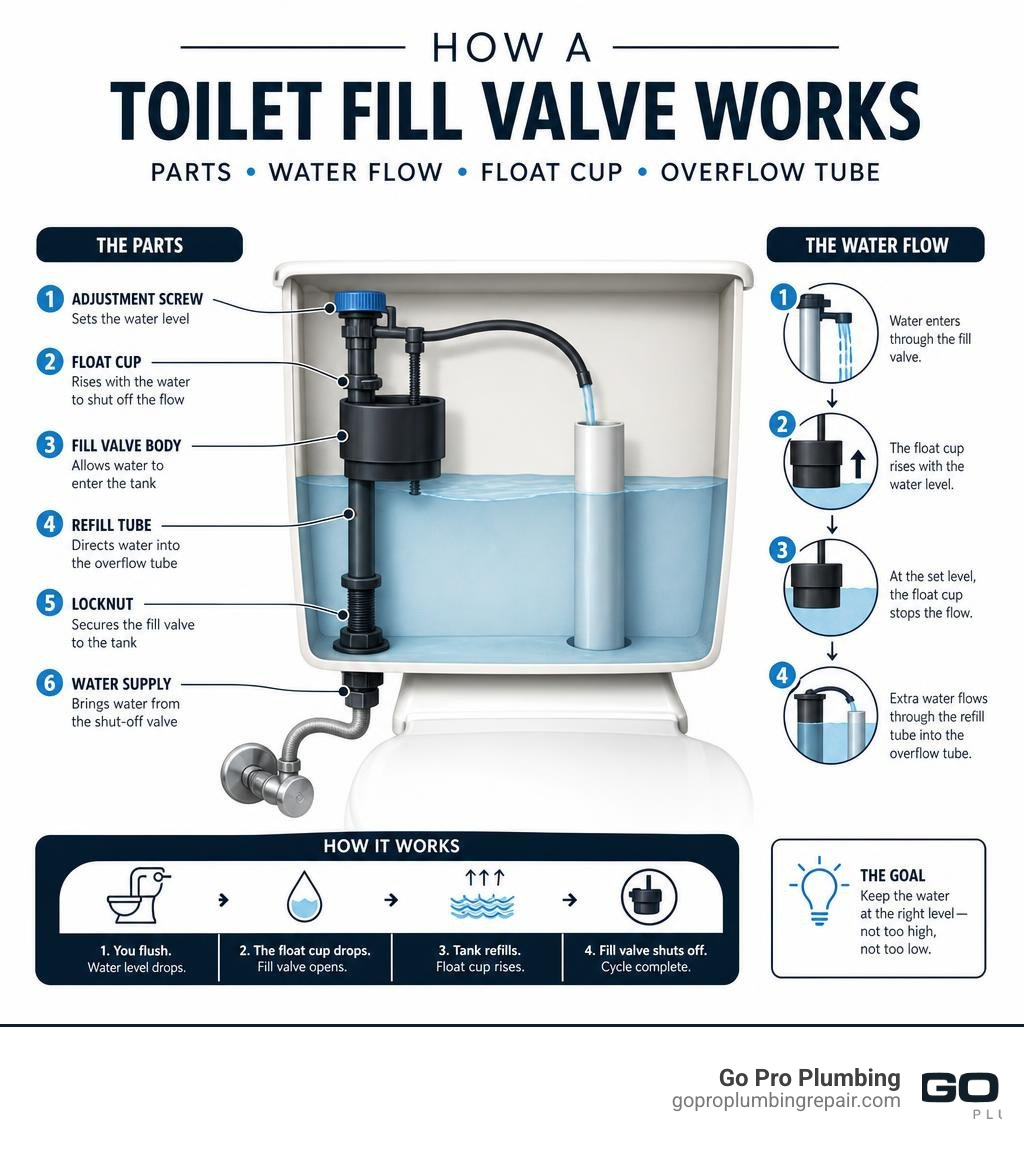 how a toilet fill valve works — parts, water flow, float cup, overflow tube infographic