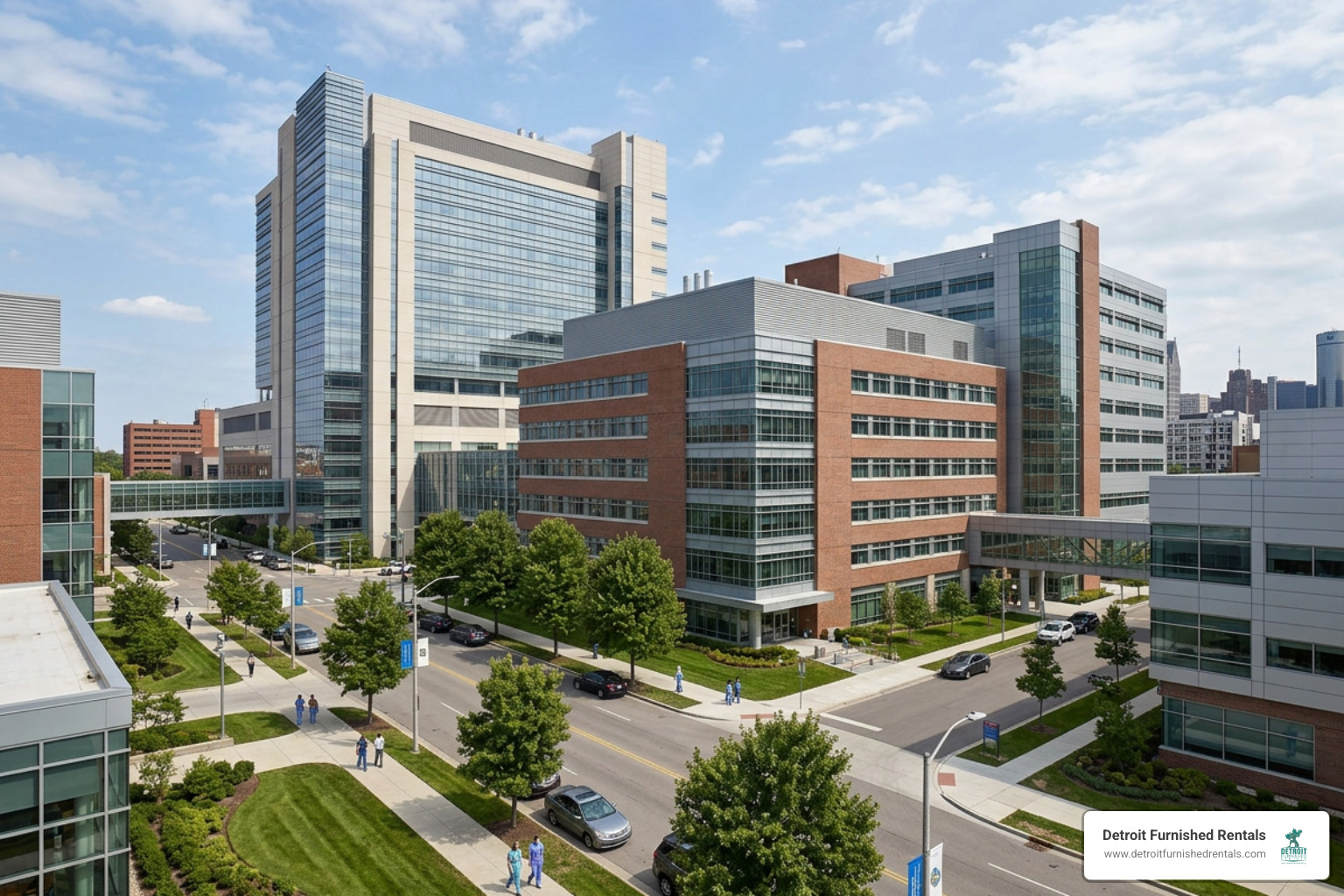Detroit medical district modern hospital tower and research buildings