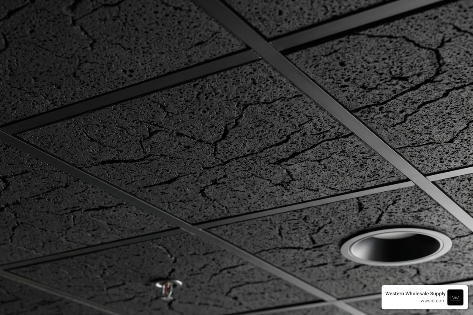 Textured black mineral fiber ceiling tiles showing deep non-directional fissures Textured black mineral fiber ceiling tiles showing deep non-directional fissures