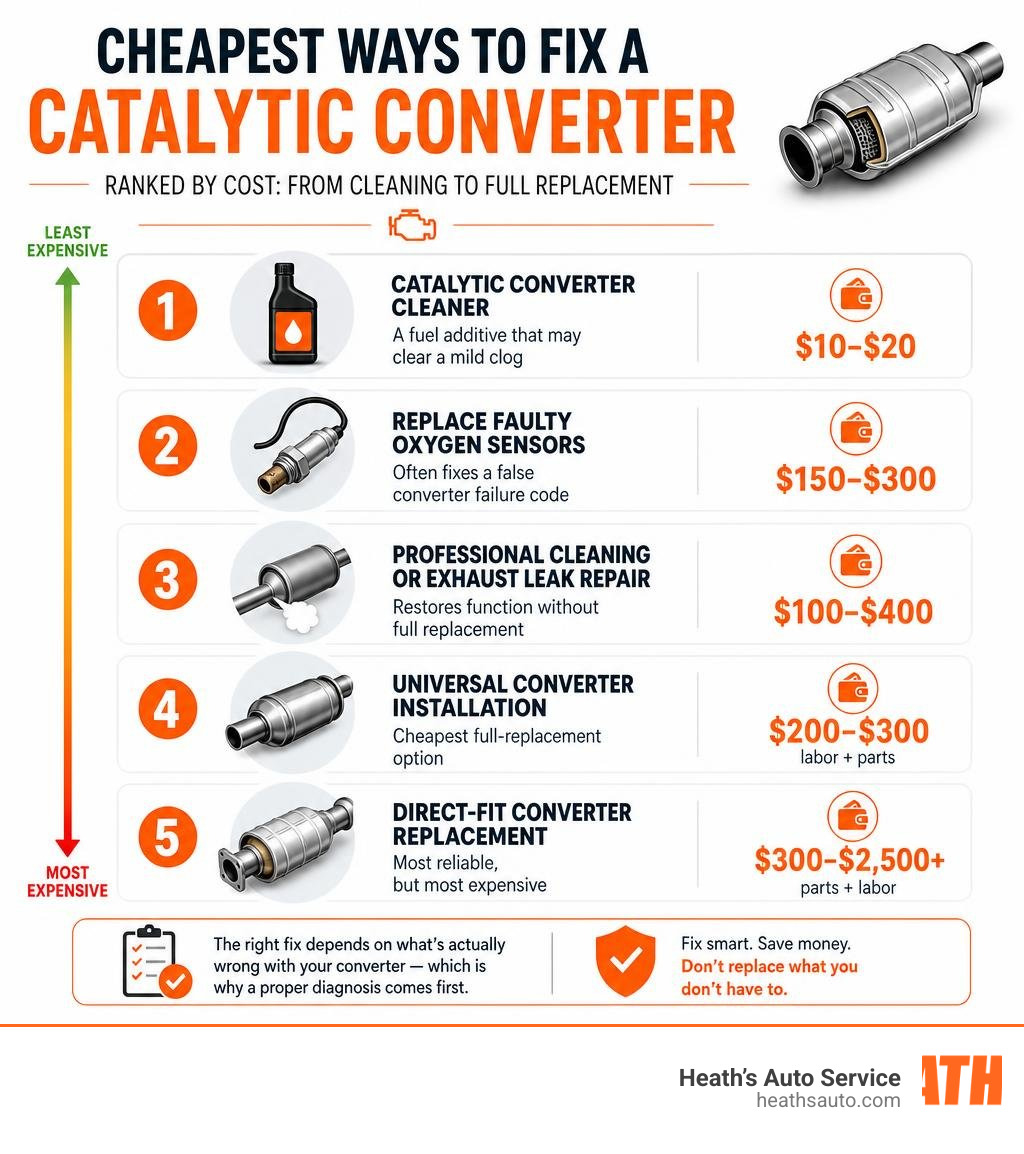 cheapest ways to fix a catalytic converter ranked by cost from cleaning to full replacement infographic