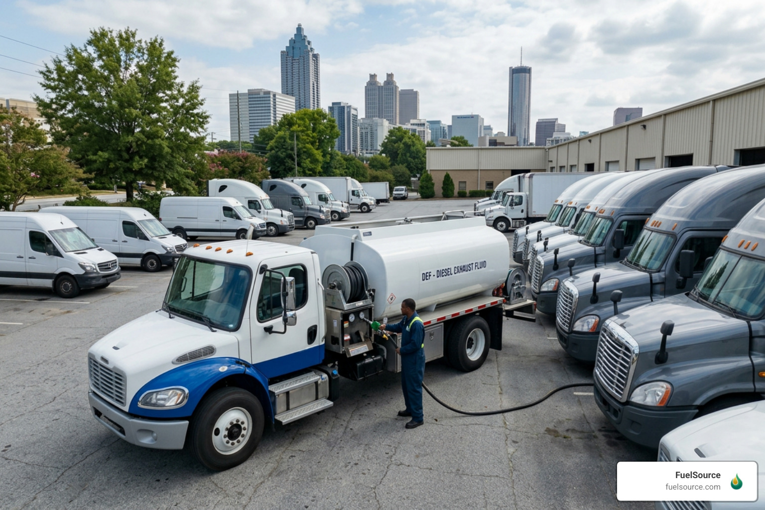 Bulk DEF delivery truck refueling fleet vehicles on-site in Atlanta Bulk DEF delivery truck refueling fleet vehicles on-site in Atlanta