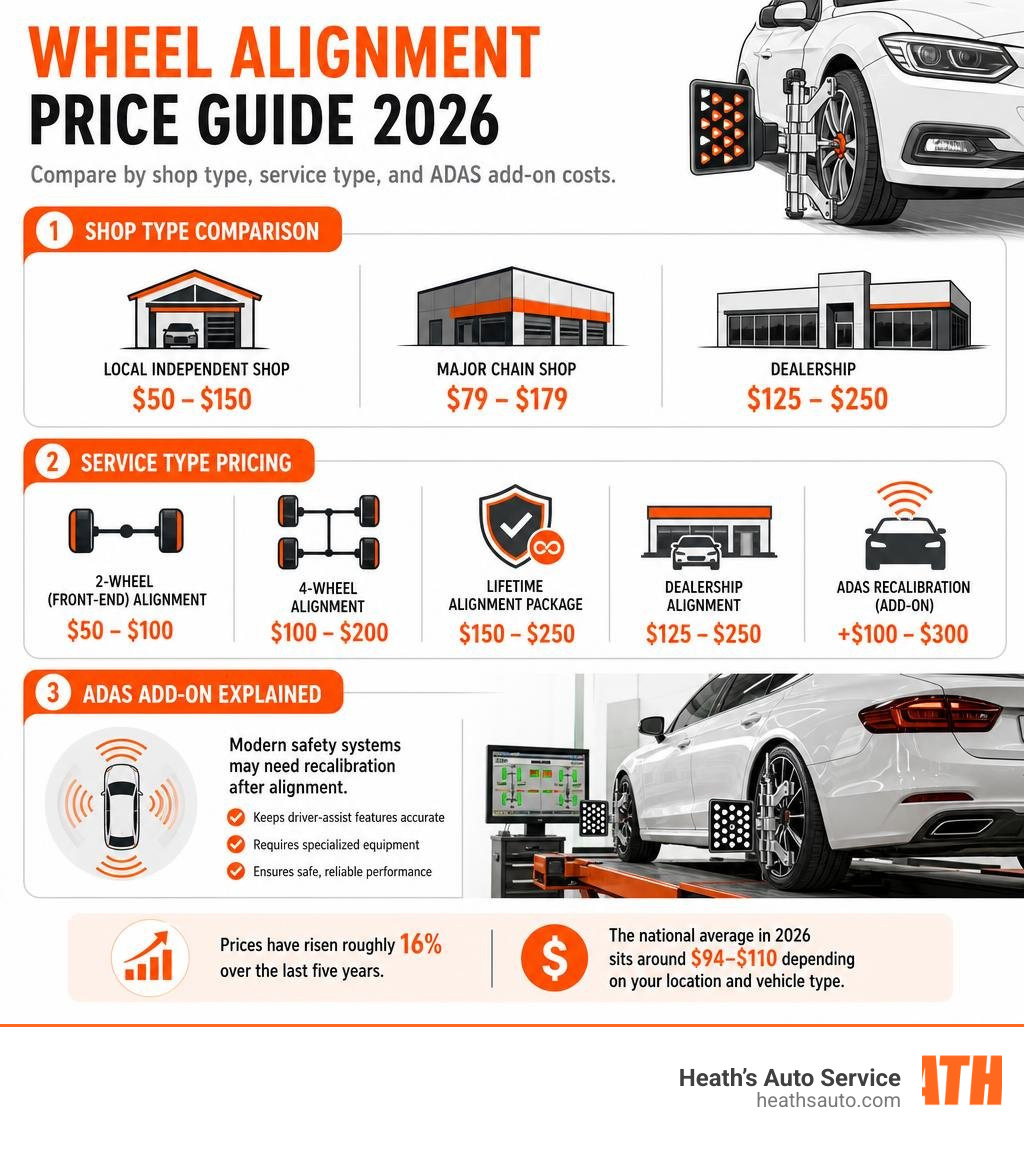 Infographic comparing wheel alignment price ranges by shop type, service type, and ADAS add-on costs infographic
