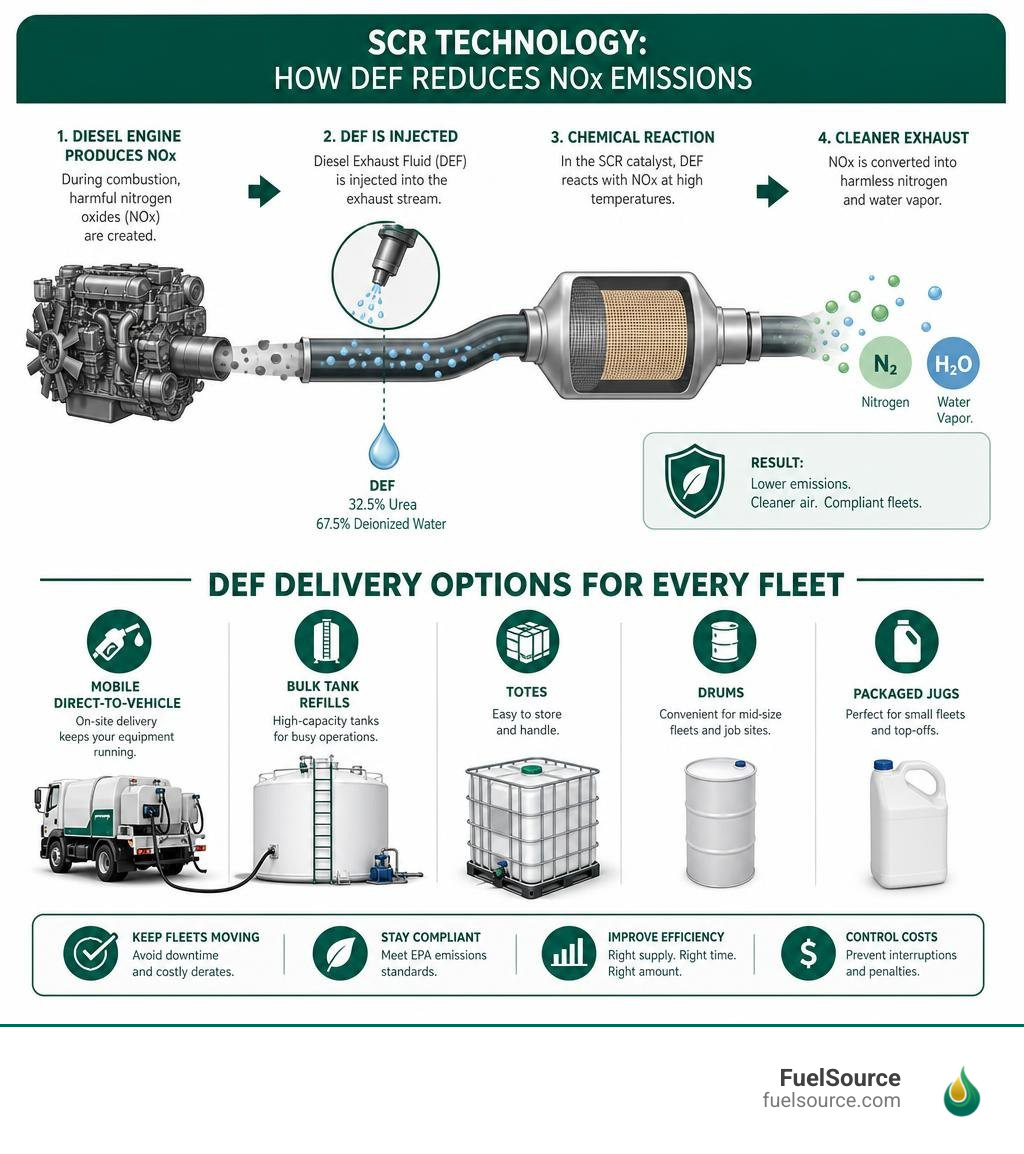 Infographic showing how SCR systems use DEF to reduce NOx emissions in diesel fleets and delivery options overview Infographic showing how SCR systems use DEF to reduce NOx emissions in diesel fleets and delivery options overview