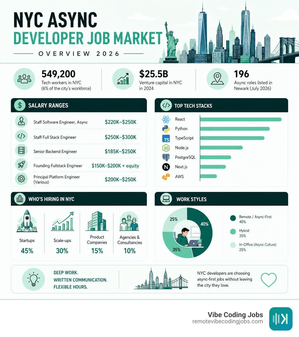 Infographic: NYC async developer job market overview — salaries, top stacks, hiring companies, work styles infographic