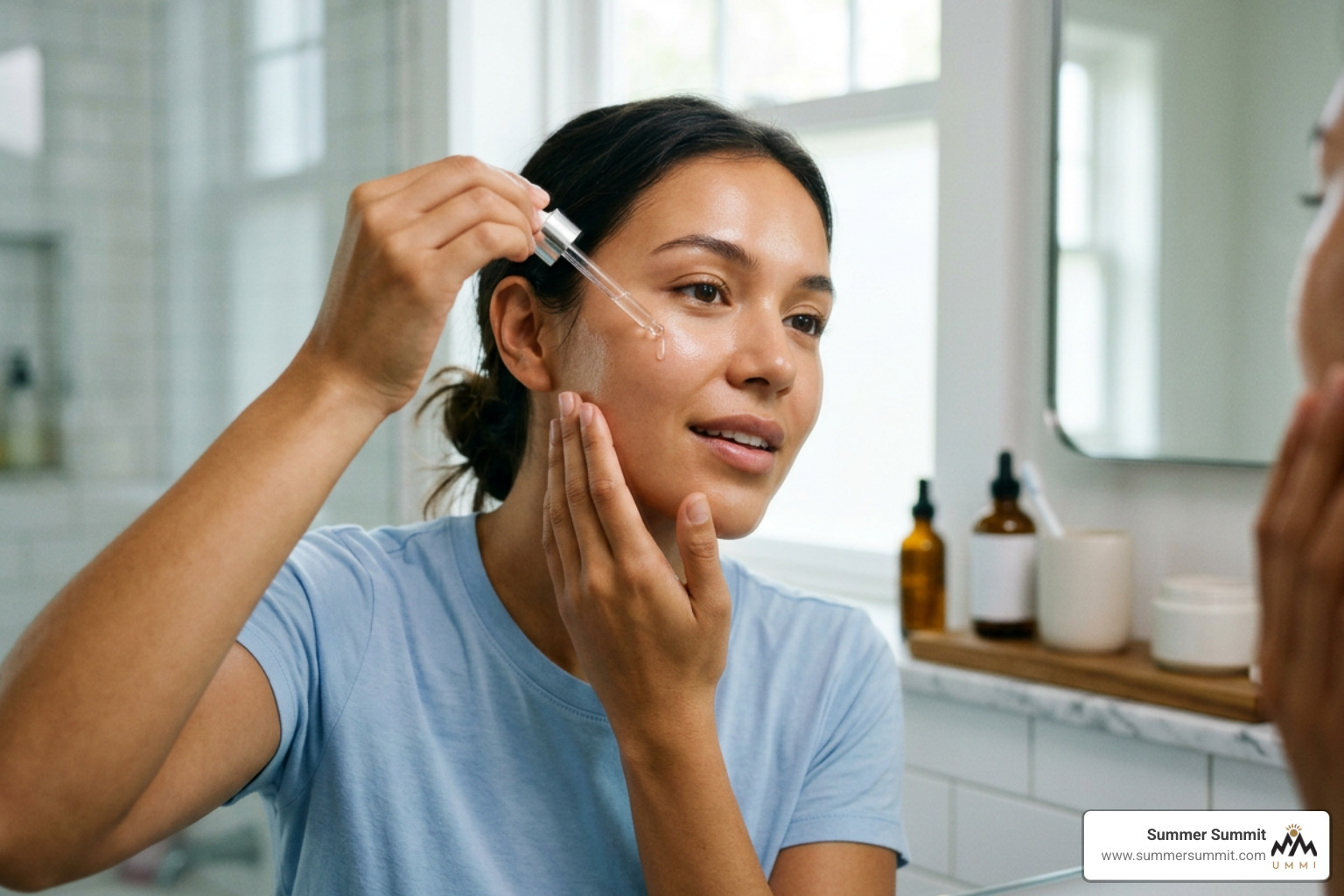 A person applying a face serum with a dropper, showing smooth and hydrated skin A person applying a face serum with a dropper, showing smooth and hydrated skin