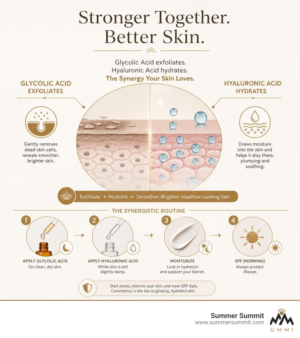 Infographic showing how glycolic acid exfoliates and hyaluronic acid hydrates skin in a synergistic routine infographic Infographic showing how glycolic acid exfoliates and hyaluronic acid hydrates skin in a synergistic routine infographic