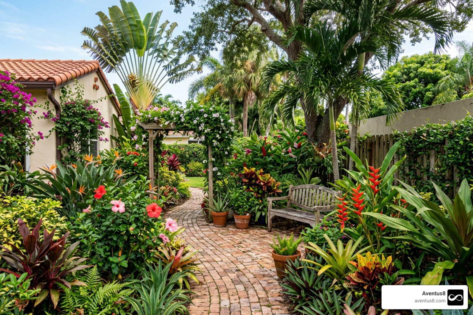 a lush backyard garden in Hollywood Florida filled with tropical blooms a lush backyard garden in Hollywood Florida filled with tropical blooms