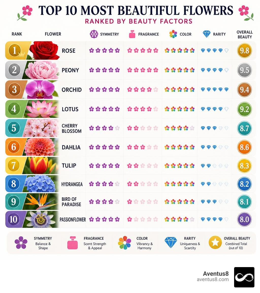 Top 10 most beautiful flowers ranked by beauty factors: symmetry, fragrance, color, and rarity infographic Top 10 most beautiful flowers ranked by beauty factors: symmetry, fragrance, color, and rarity infographic