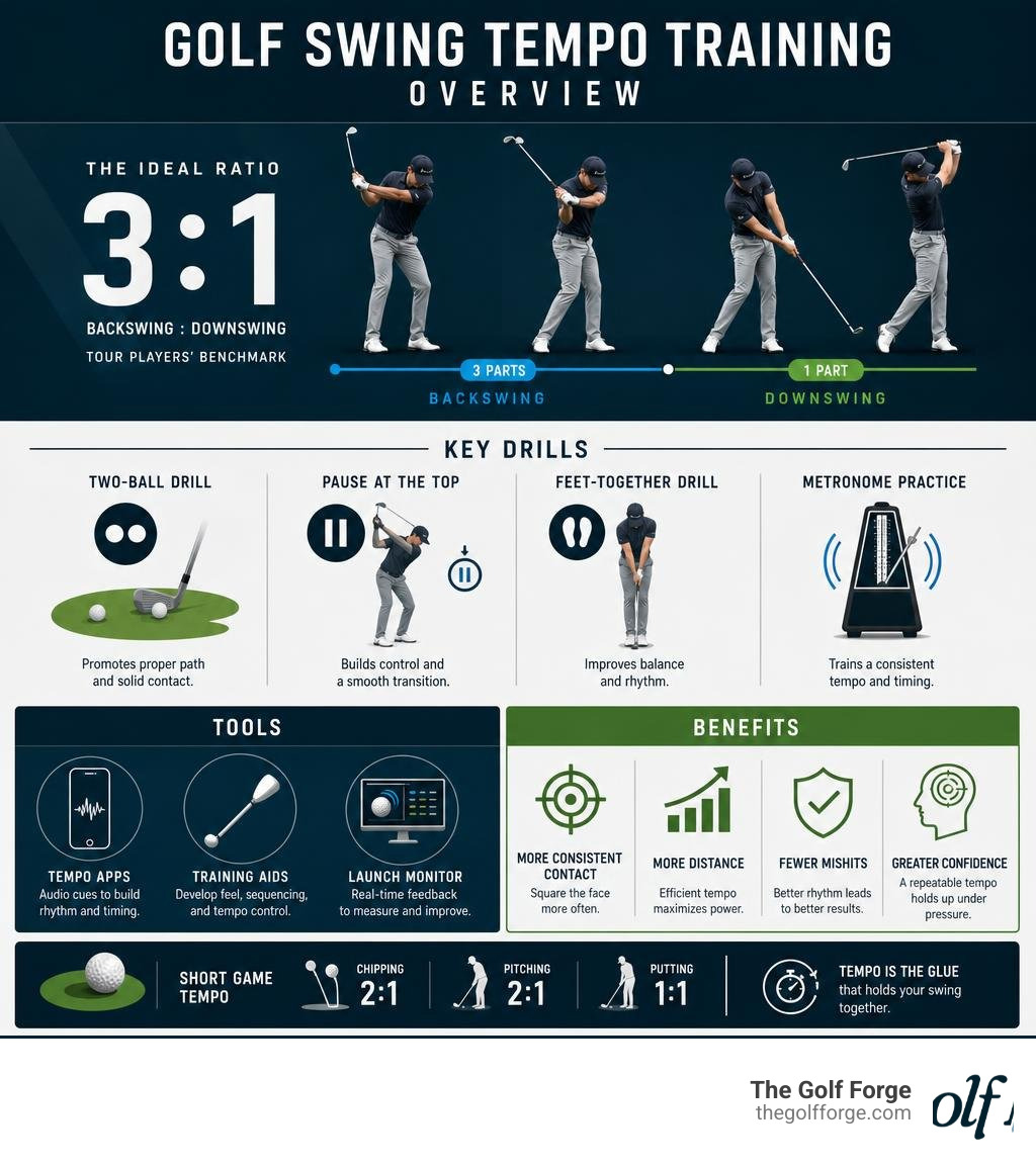 Golf swing tempo training overview: 3:1 ratio, key drills, tools, and benefits explained infographic Golf swing tempo training overview: 3:1 ratio, key drills, tools, and benefits explained infographic