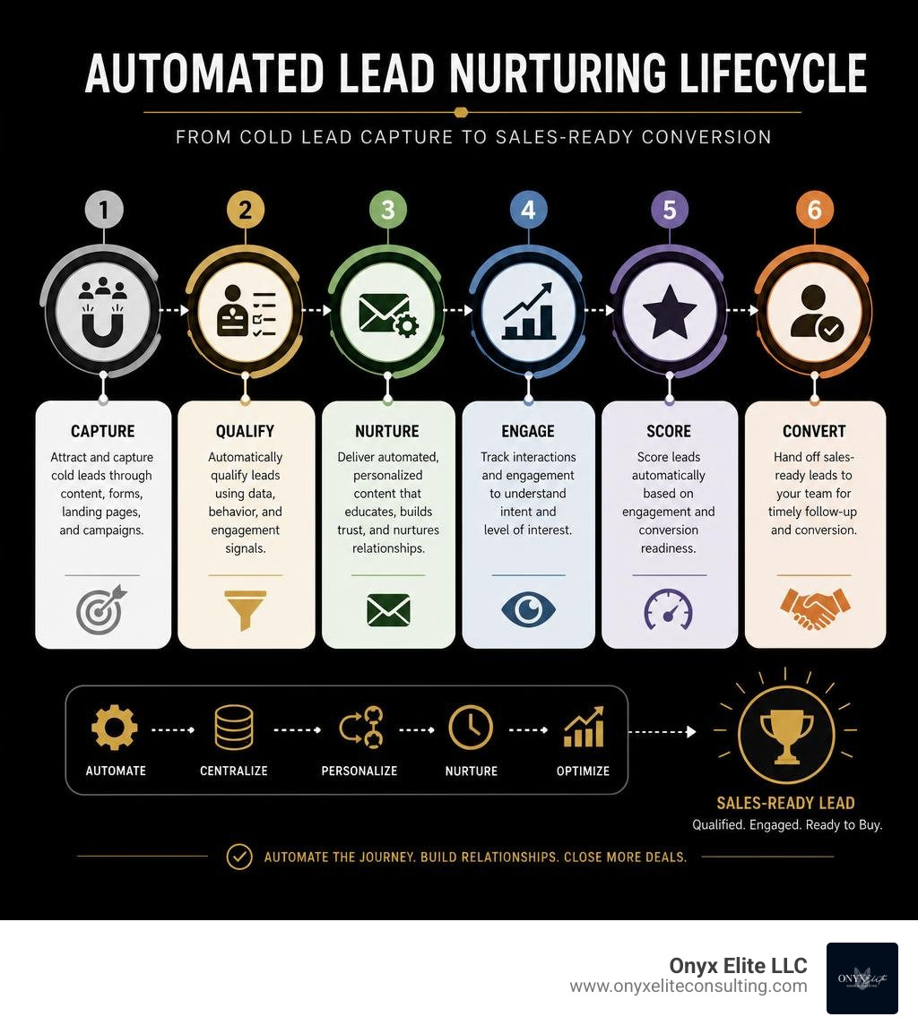 Automated lead nurturing lifecycle from cold lead capture to sales-ready conversion stages infographic Automated lead nurturing lifecycle from cold lead capture to sales-ready conversion stages infographic