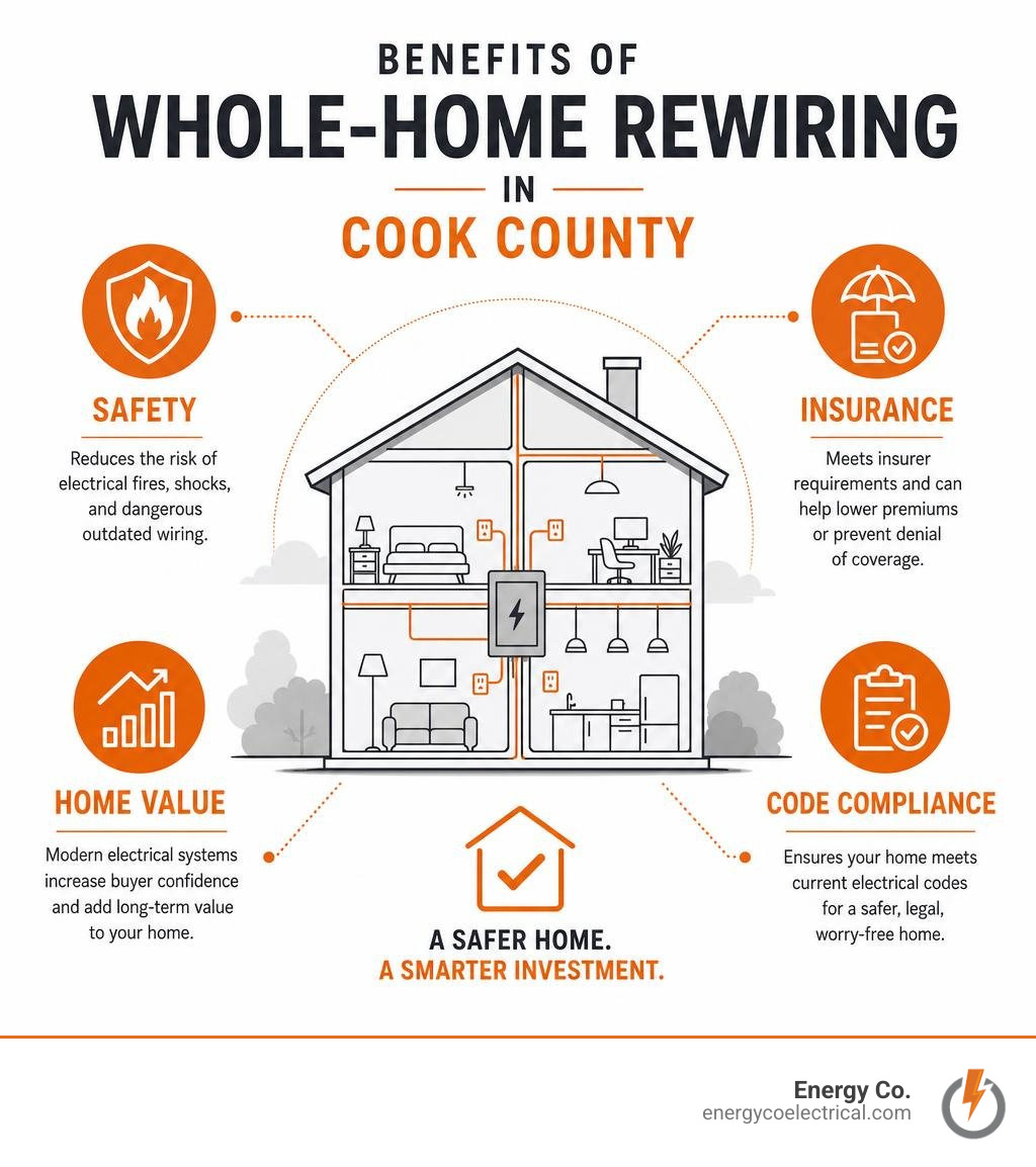 Benefits of whole-home rewiring in Cook County: safety, insurance, home value, and code compliance infographic