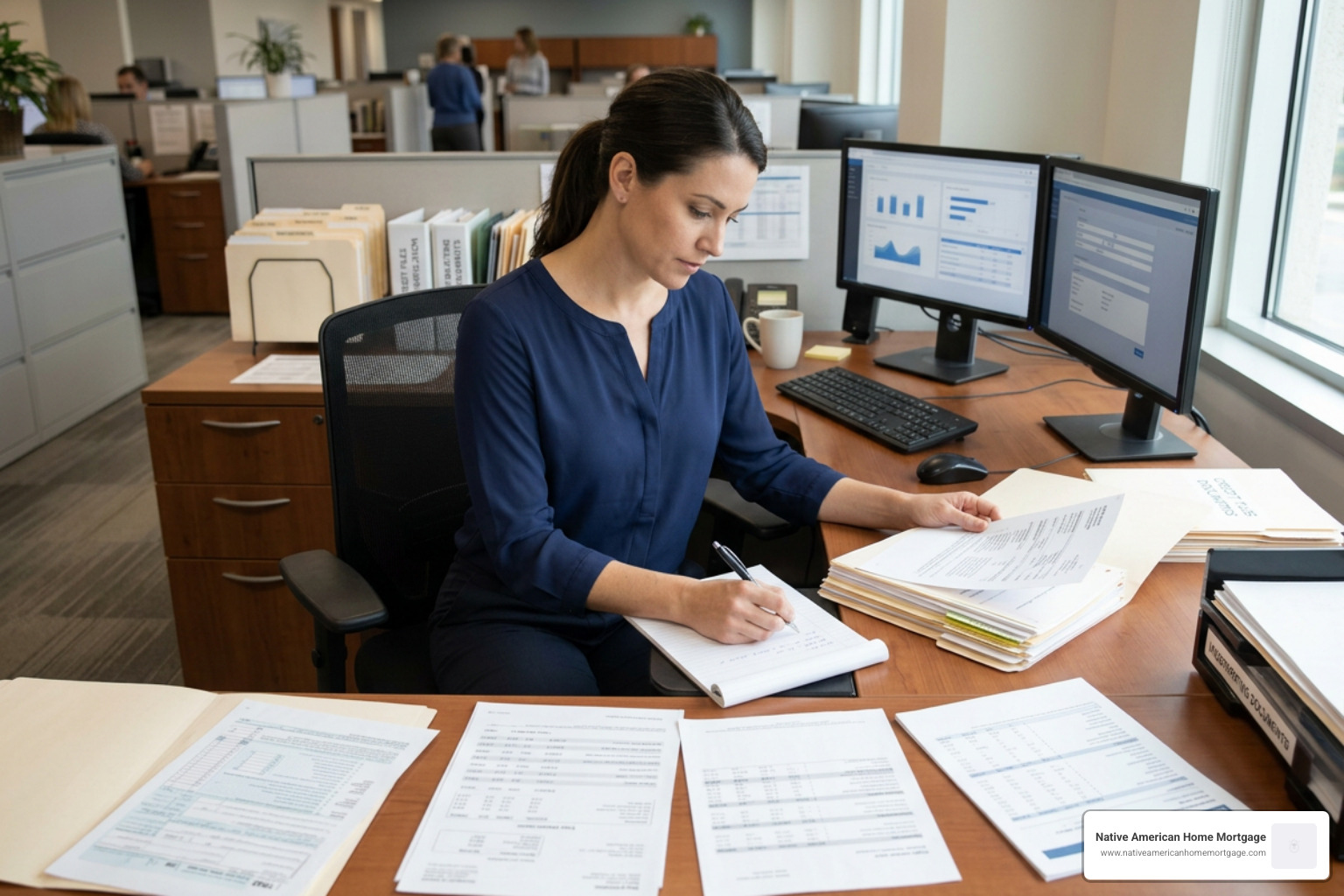 Mortgage underwriter manually reviewing credit and income documents