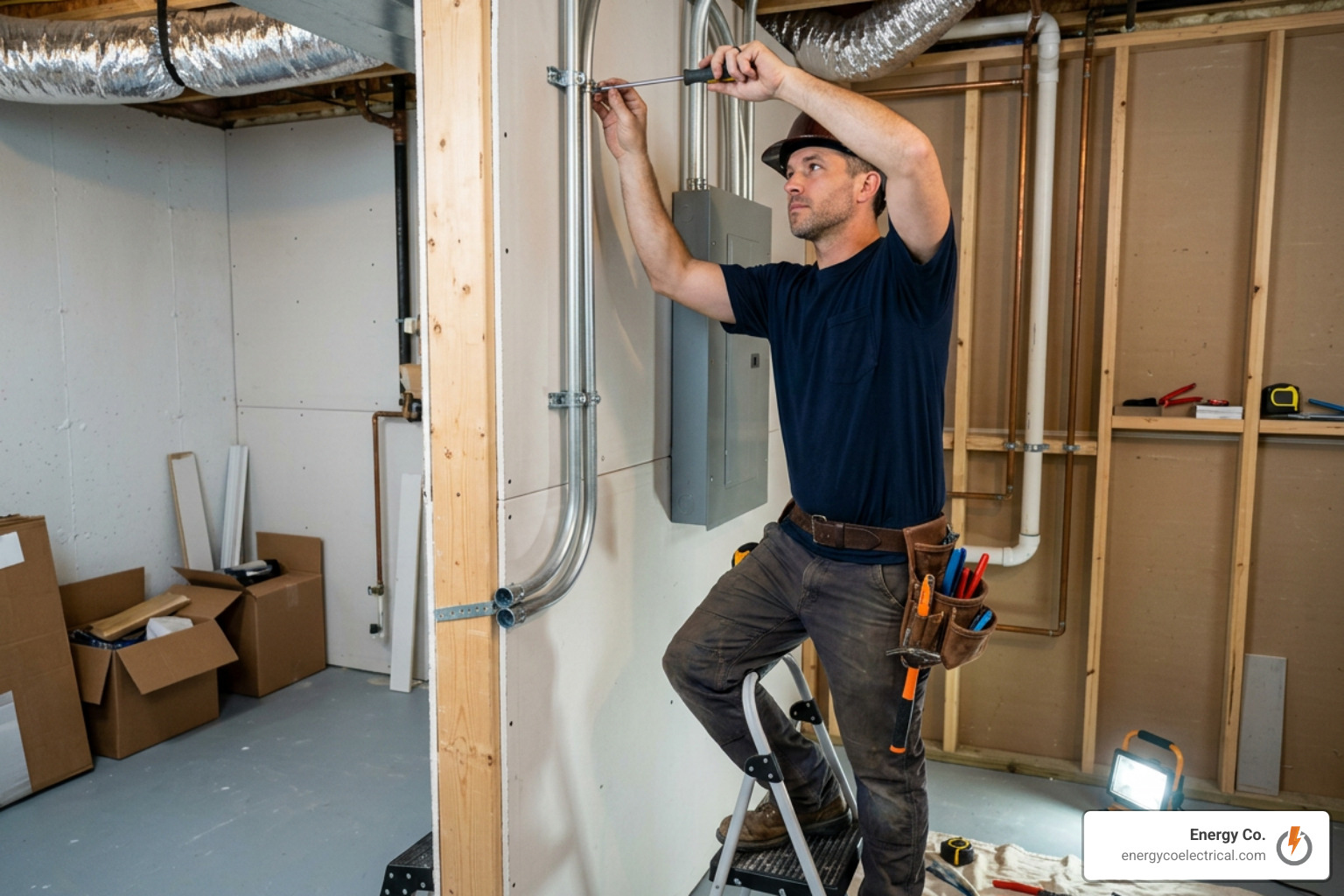 Electrician installing rigid EMT metal conduit in a residential basement
