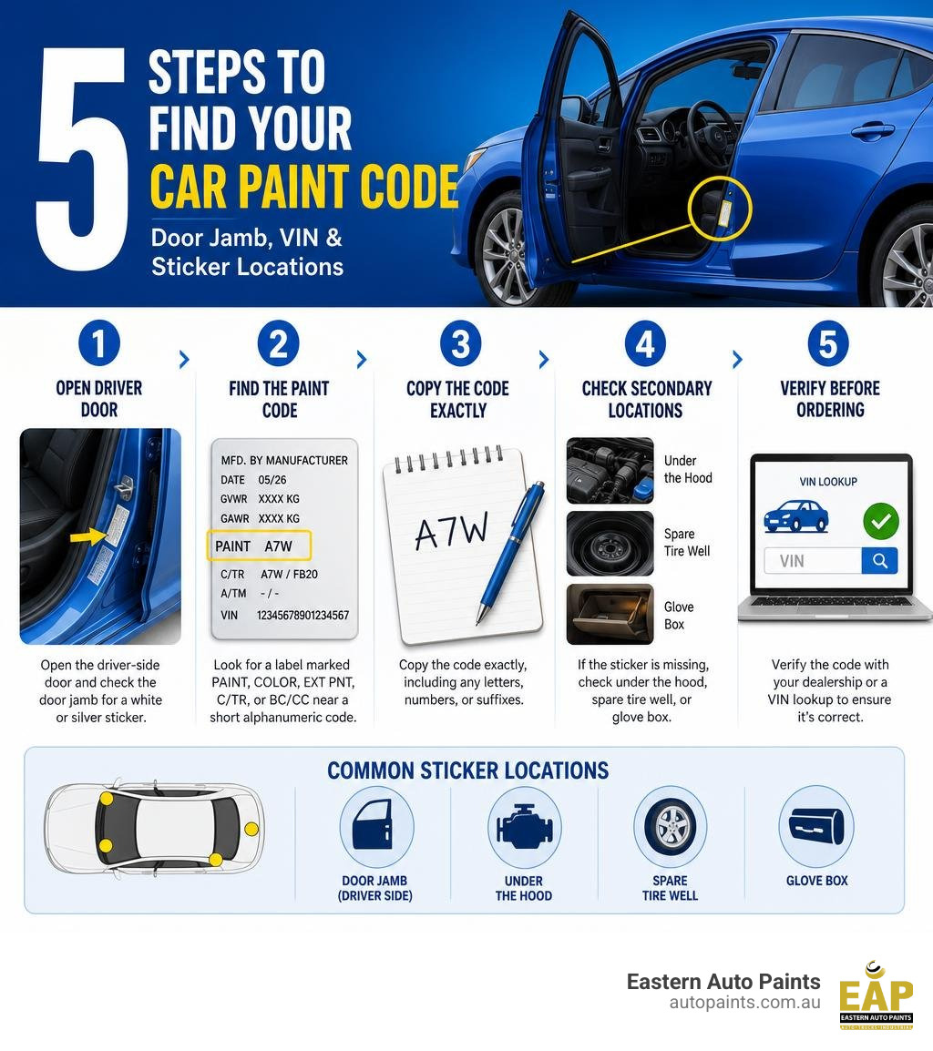 5 steps to find a car paint code infographic with door jamb, VIN, and sticker locations infographic 5 steps to find a car paint code infographic with door jamb, VIN, and sticker locations infographic