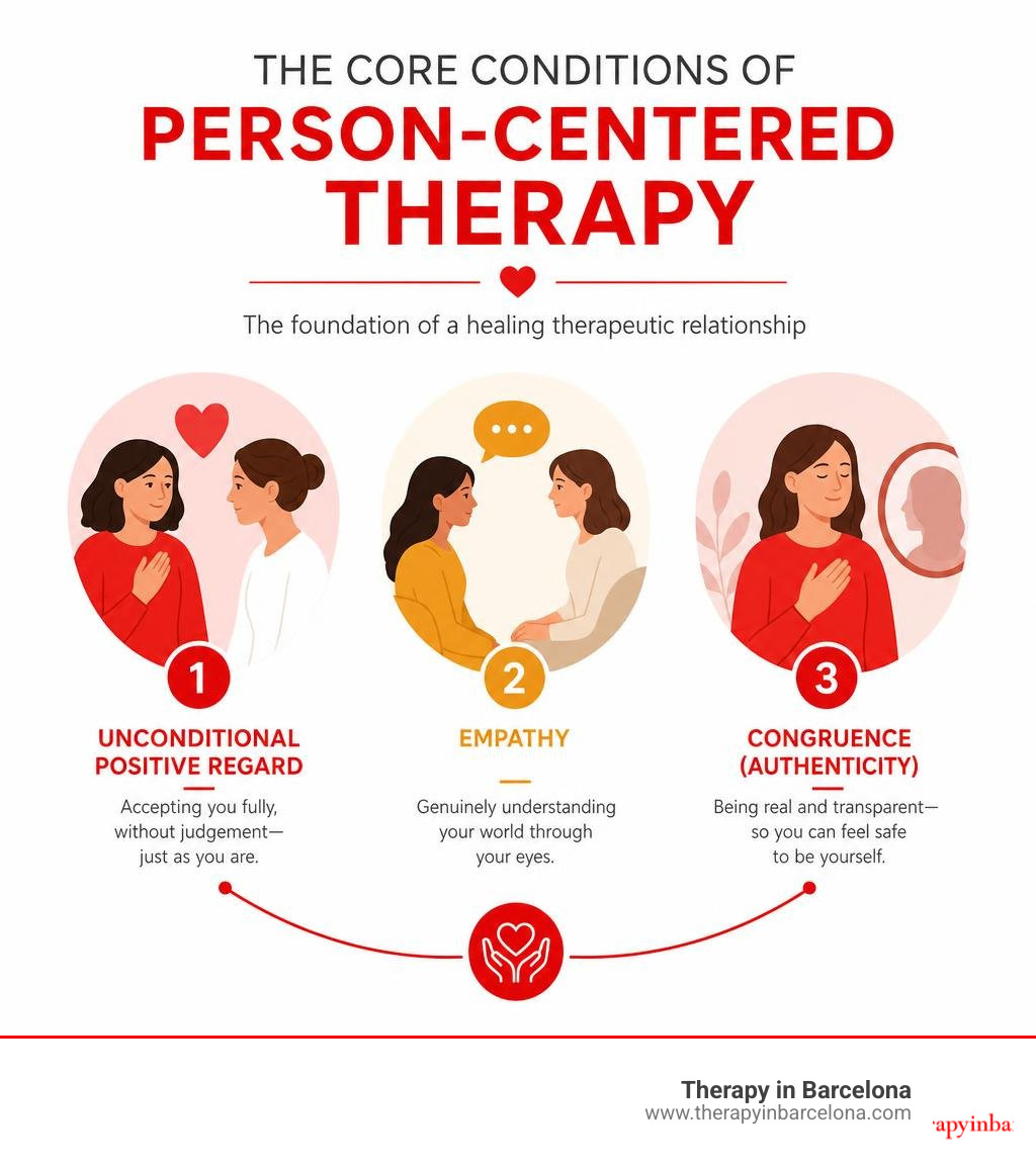 Core conditions of person-centered therapy: unconditional positive regard, empathy, congruence infographic infographic