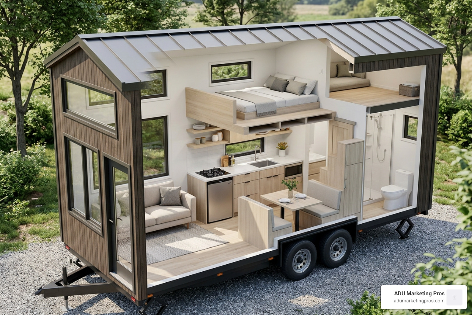 The Charleston tiny home model exterior and layout