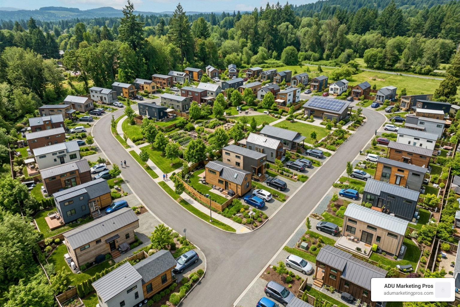 Layout of a modern tiny home community showing lot distribution
