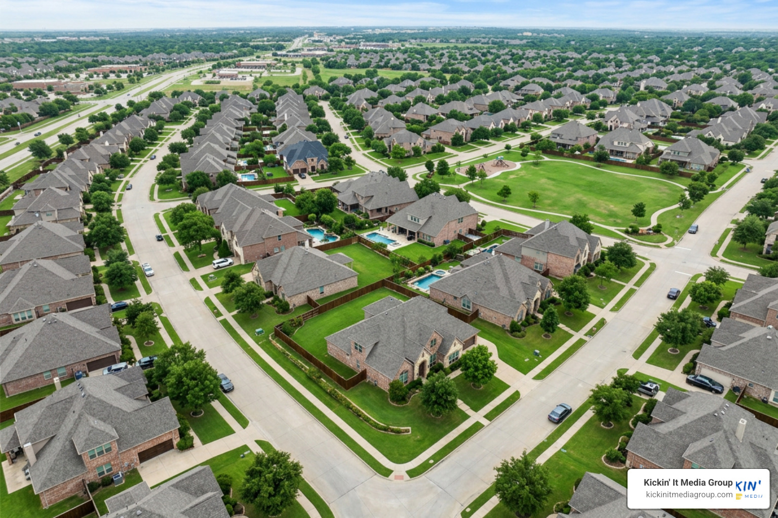 Drone flying over a beautiful Keller neighborhood showcasing property boundaries