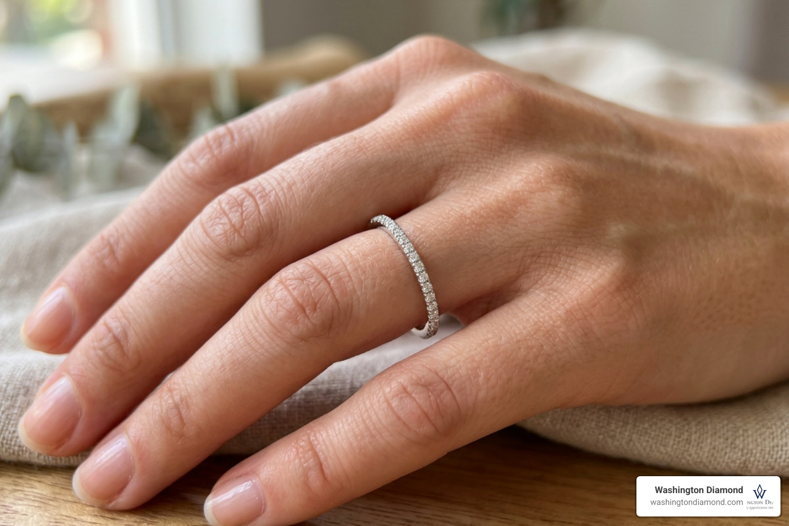 Hand wearing a beautiful mix-and-match stack of thin yellow gold and platinum eternity bands Hand wearing a beautiful mix-and-match stack of thin yellow gold and platinum eternity bands