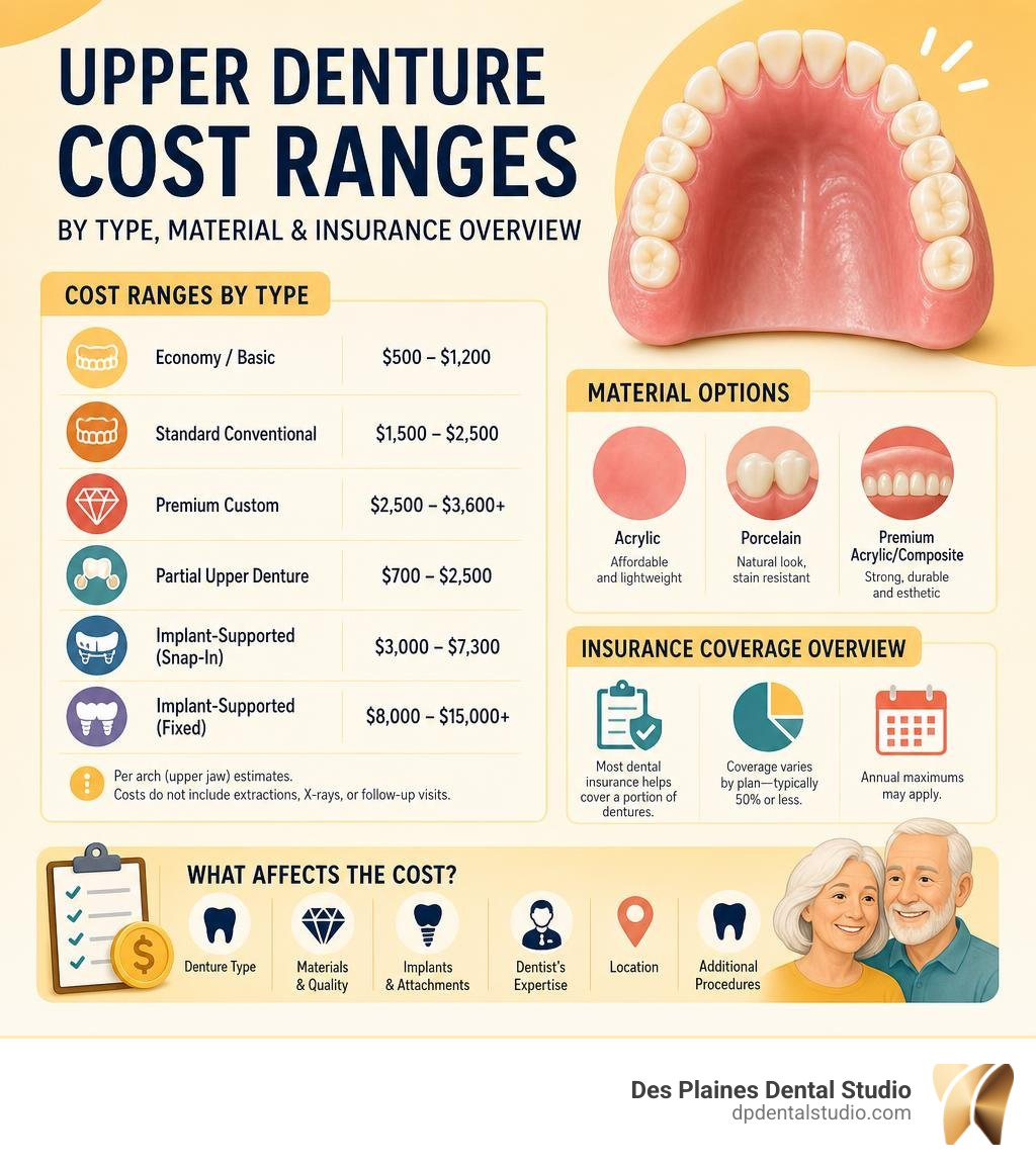 Upper denture cost ranges by type, material, and insurance coverage overview infographic