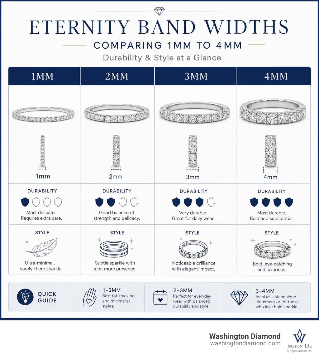 Infographic comparing eternity band widths from 1mm to 4mm with durability and style notes infographic Infographic comparing eternity band widths from 1mm to 4mm with durability and style notes infographic