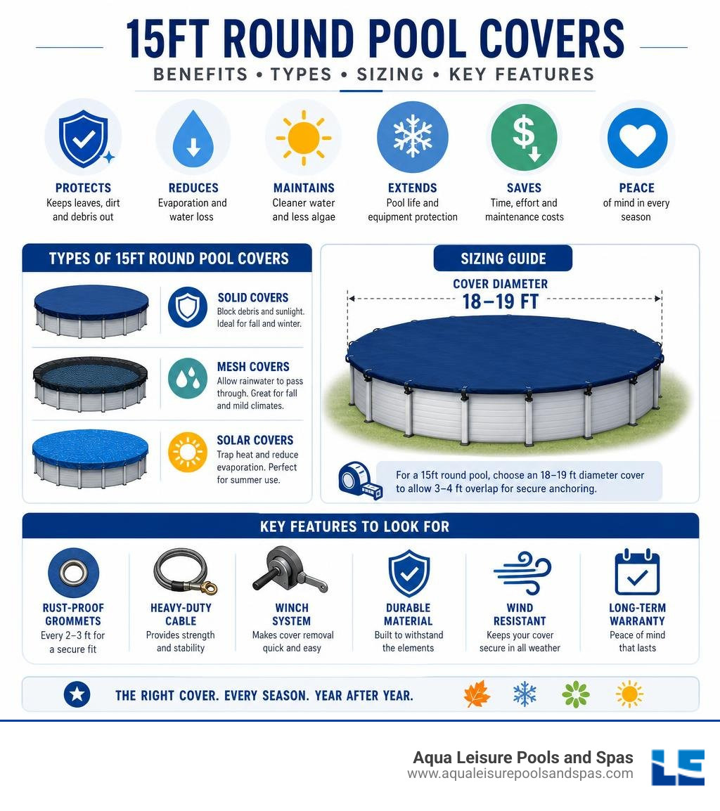 Benefits of seasonal 15ft round pool covers including types, sizing, and key features infographic Benefits of seasonal 15ft round pool covers including types, sizing, and key features infographic