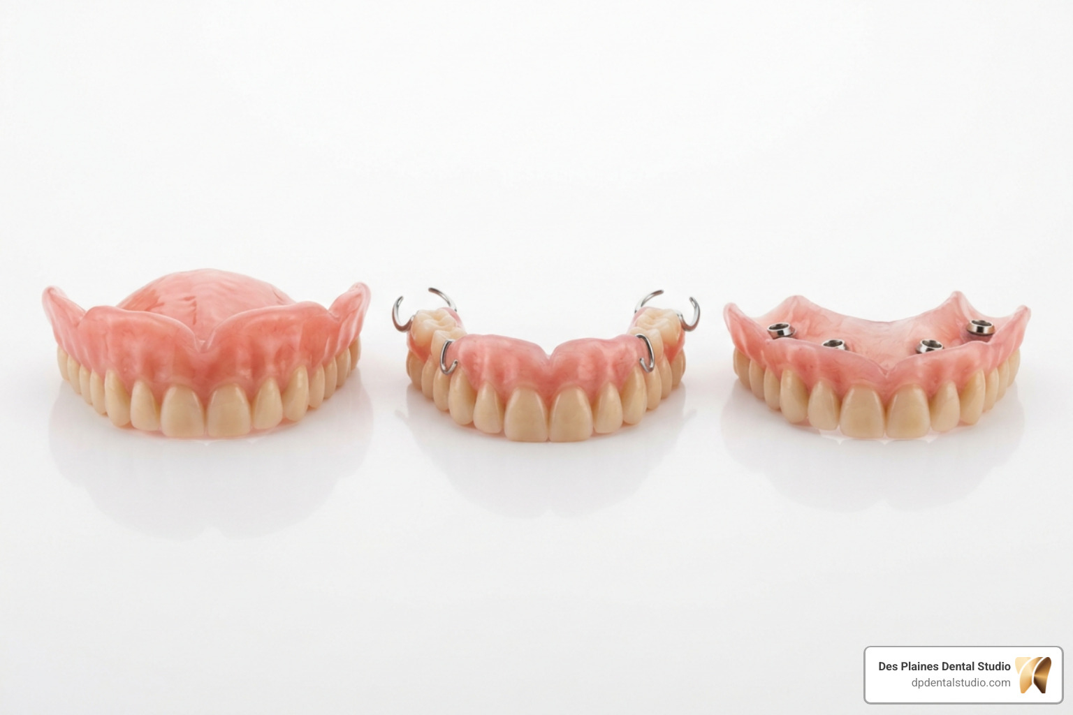 Different types of upper denture prosthetics including partials and implant overdentures
