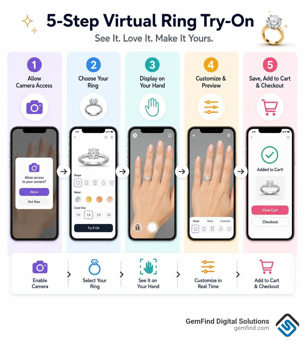Infographic showing the 5-step virtual ring try-on workflow from camera access to checkout infographic Infographic showing the 5-step virtual ring try-on workflow from camera access to checkout infographic
