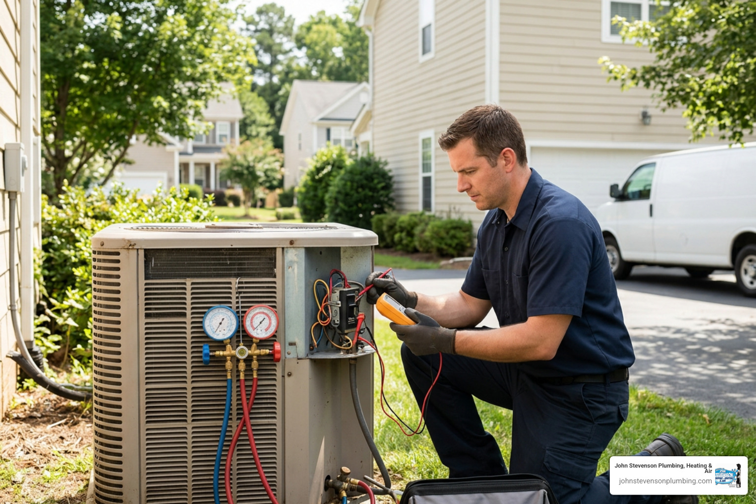 An HVAC technician checking an AC unit's electrical components and static pressure
