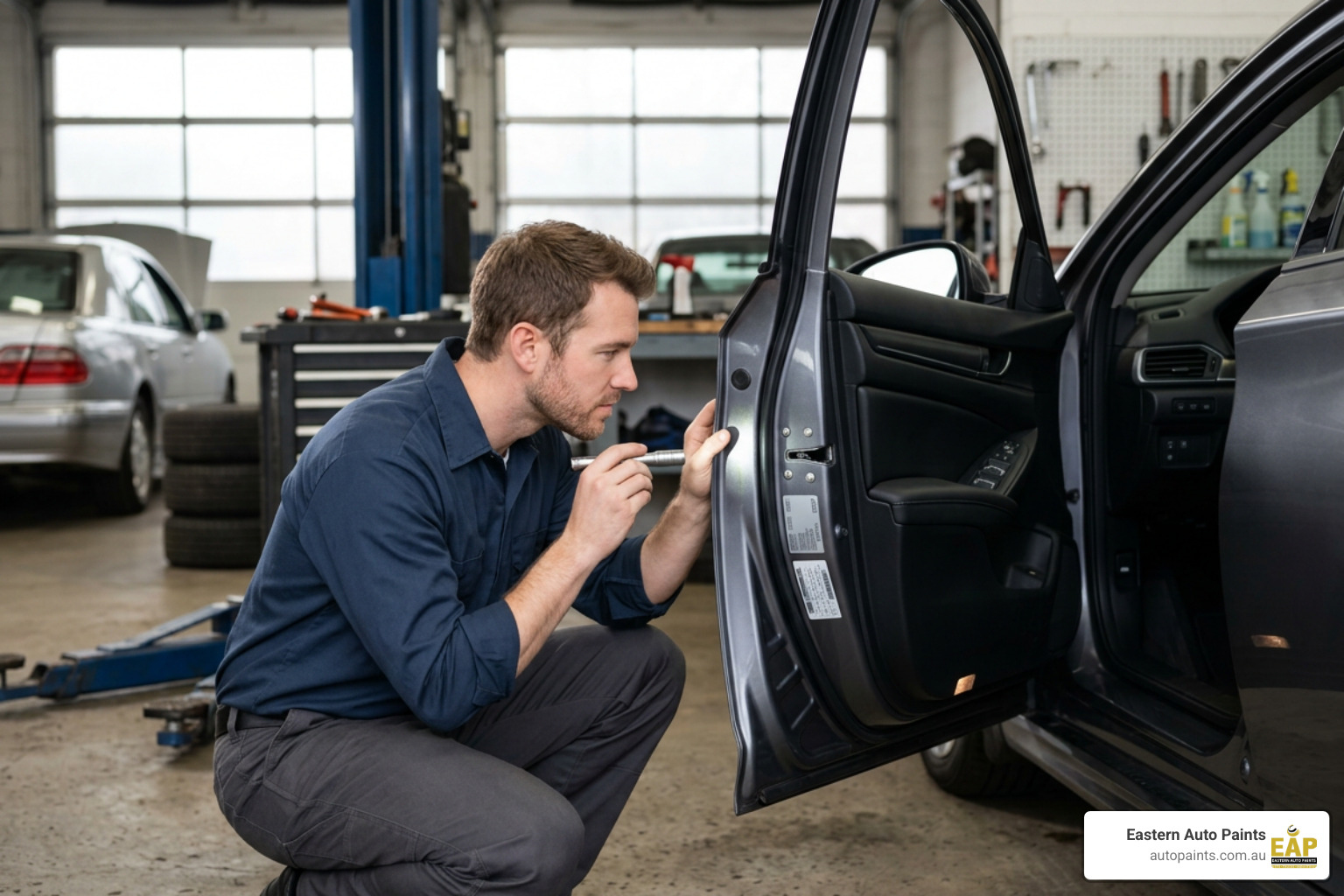 car owner searching for a paint code sticker on a modern vehicle car owner searching for a paint code sticker on a modern vehicle