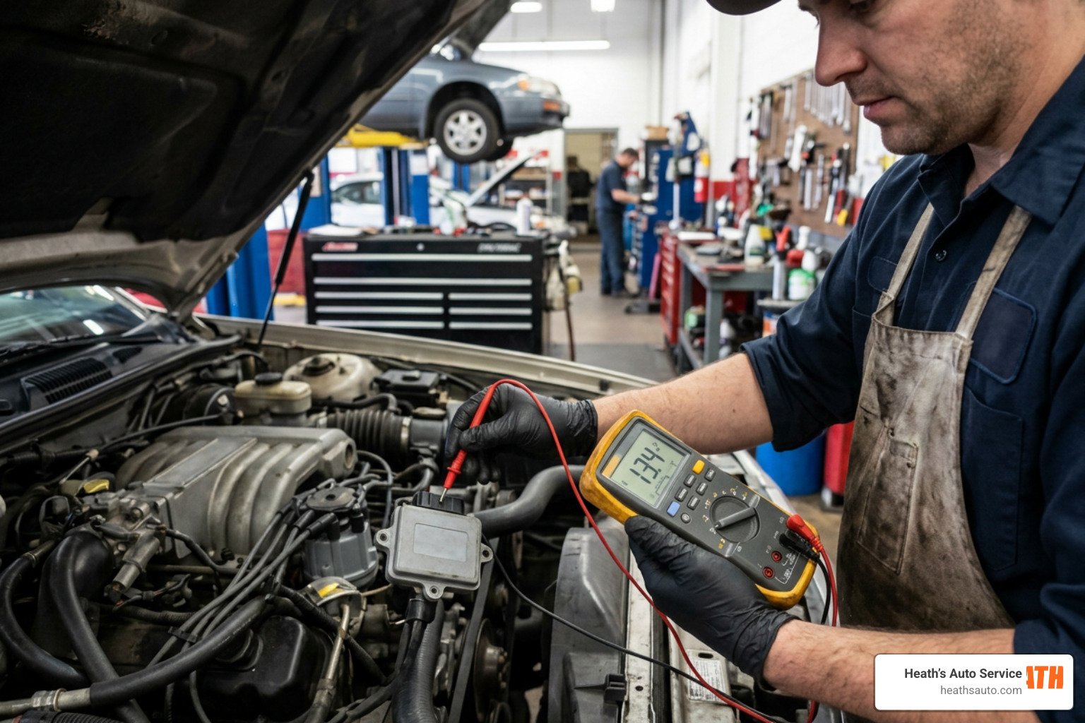 A technician using a digital multimeter to test an ignition control module on a distributor